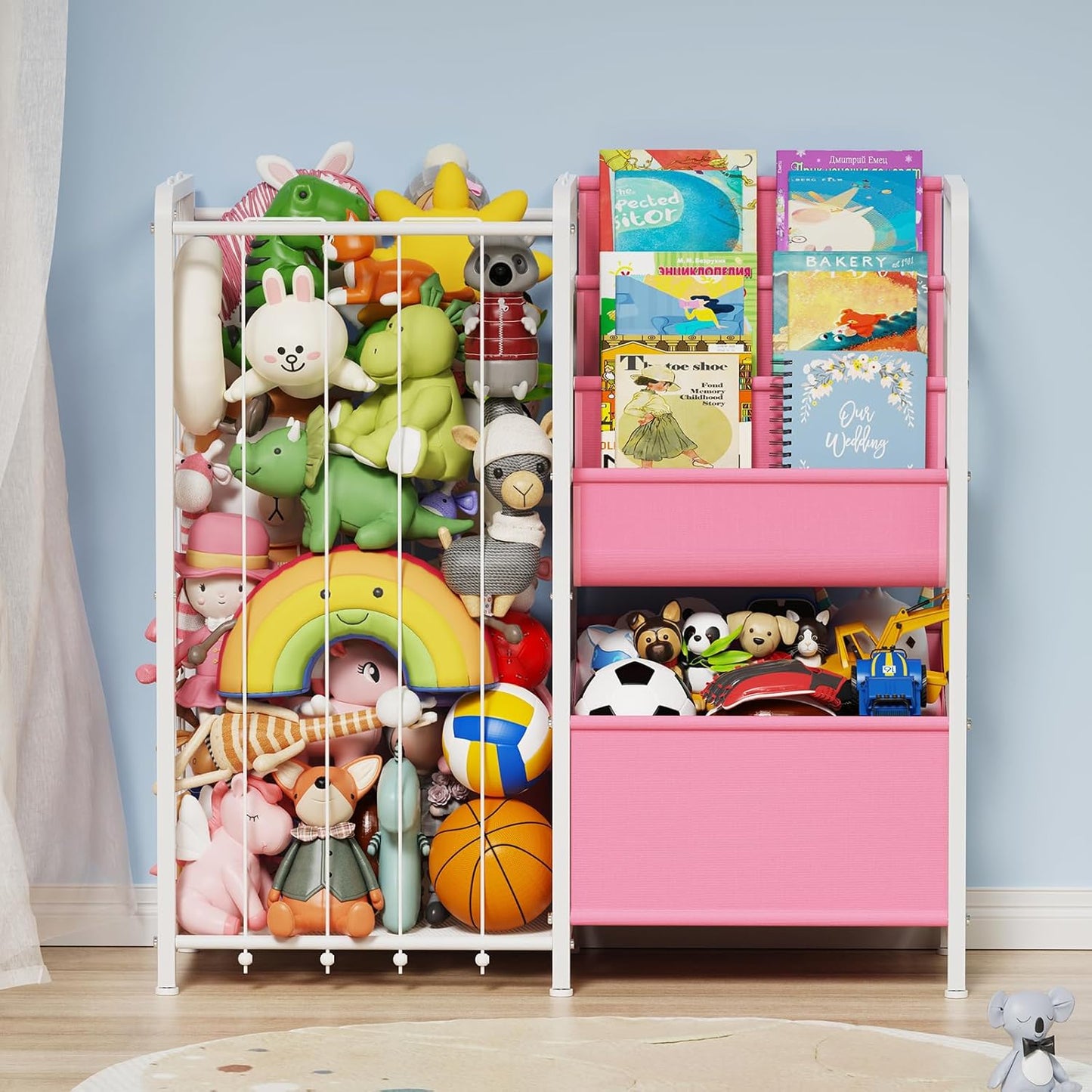 Kids Bookshelf and Toy Storage, 3 Tier Kids Book Shelf for Kid Rooms with Stuffed Animal Storage, Toy Storage Organizer, Stuffed Animals Zoo Storage Cage for Bedroom, Nursery, Playroom