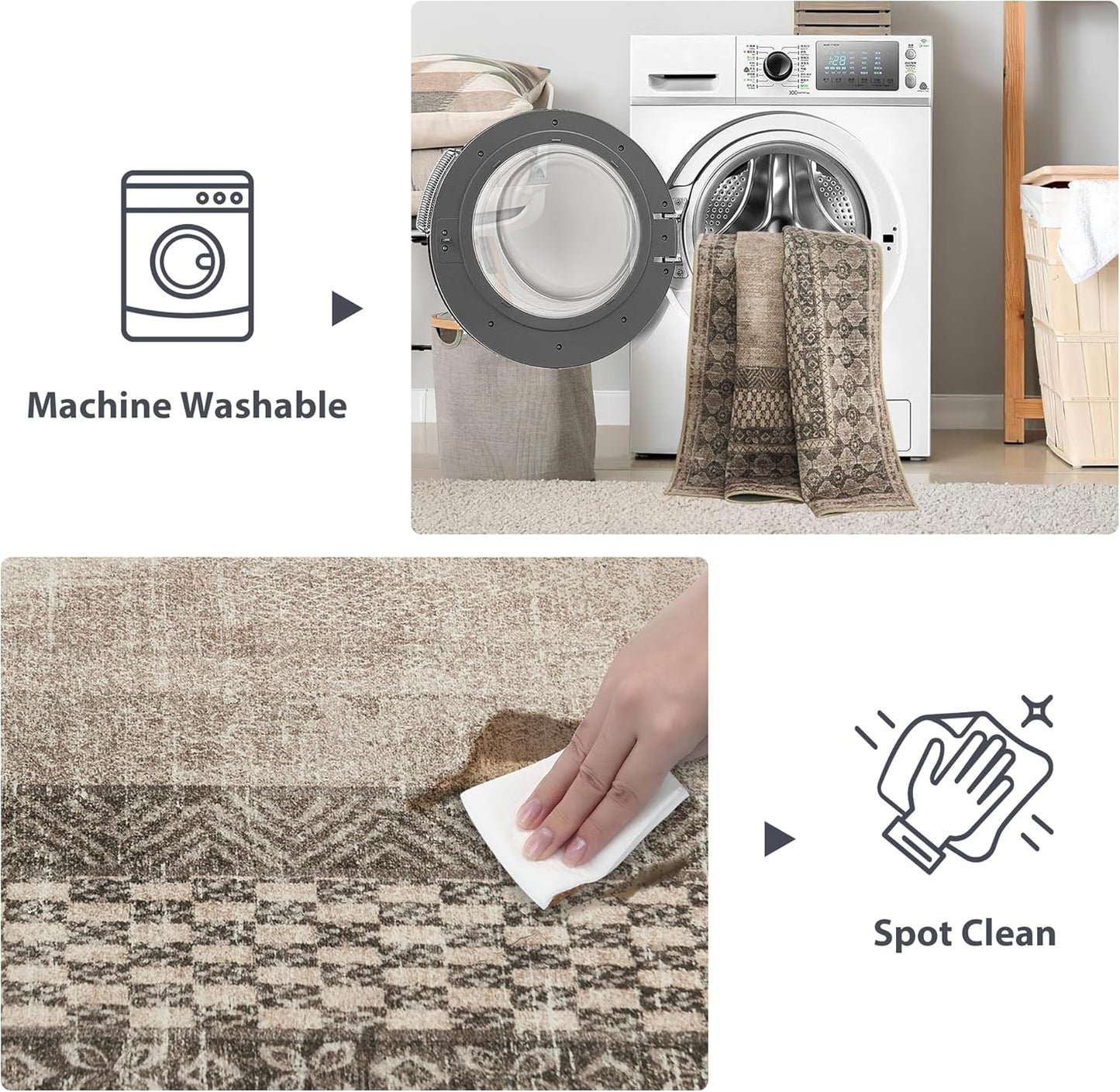 NICETOWN Machine Washable Faux Wool Rugs - 4x6 Area Rugs Ultra-Thin Carpet for Office, Study, Living Room Entryway with Non-Slip Backing, Distressed Large Carpet for Dining Room, Brown