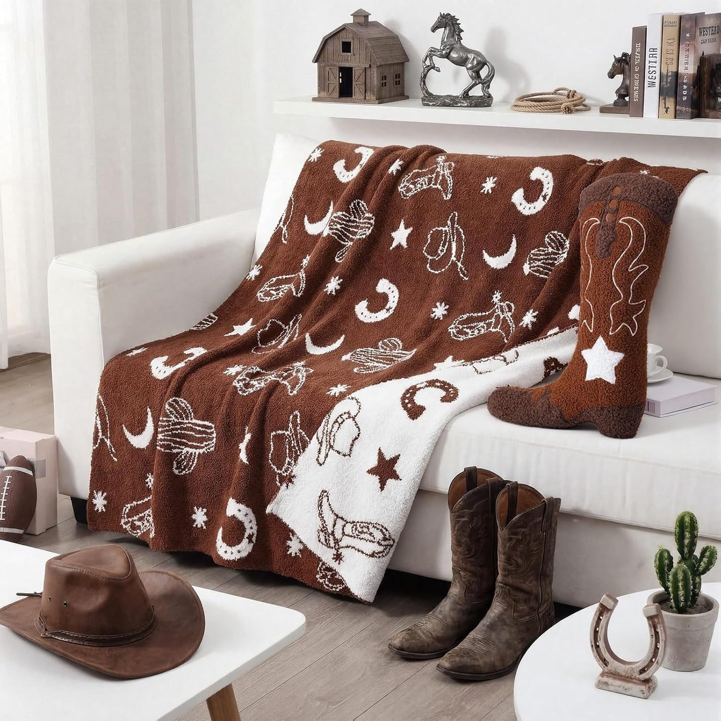 Western Cowboy Throw Blankets Pillow Set Include Brown Horse Shoes Cactus Beach Blanket 50 x 60 Inch and Cowboy Boot Plush Throw Pillows Cushion for Couch Sofa Bed Decoration