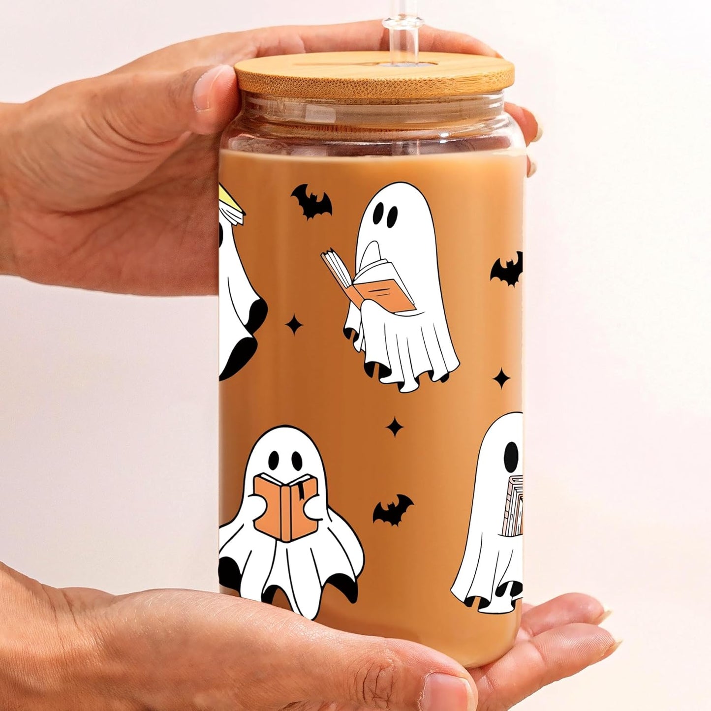 16oz Ghost Reader Halloween Cup with Lid Straw, Halloween Ghost Aesthetic Glass Can, Ghost Reader Glass Cup, Gift Idea for Book Lovers Women Sister Friends Daughter