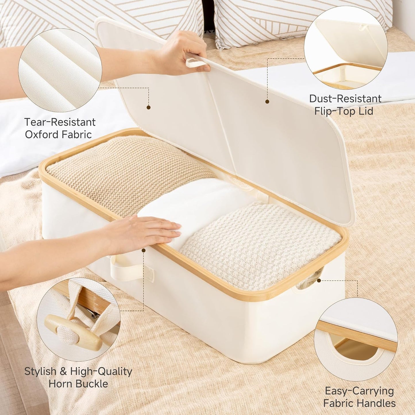 StorageWorks Underbed Storage Containers with Lids, 2-Pack 7" Low Profile Under Bed Storage Box with Bamboo Frame for Clothes, Bedding, Blankets and Shoes, 42L Sturdy Fabric Organizer, Beige