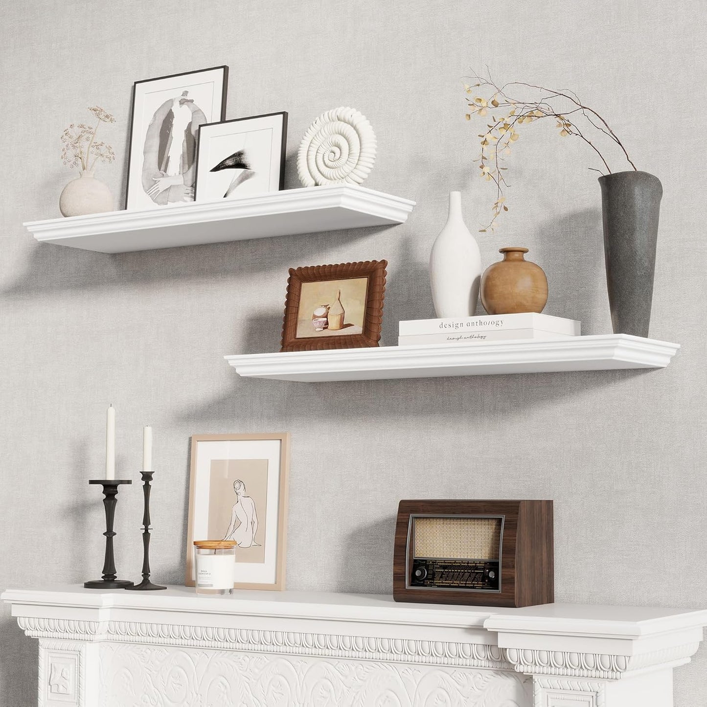 Fun Memories Floating Shelves 32 Inch Long, 9.3 Inch Deep Classic Crown Molding Floating Shelves for Wall, Rustic Wooden Shelves for Wall Decor Bathroom, Kitchen, Office, (White, 2Pack)