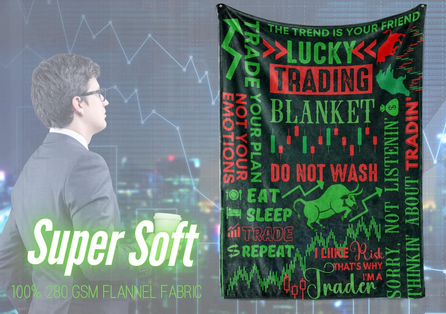 InnoBeta Stock Market Gifts, Lucky Trading Blanket for Men and Women, Flannel Throw Blanket for Trader, Broker, Financial Advisor, Investor, Green, 50x65 Inches