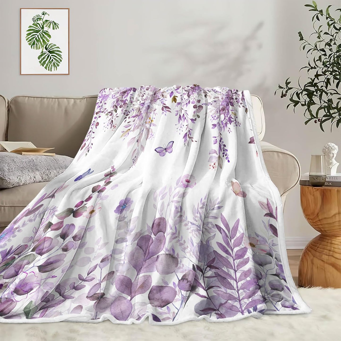 JAWO Purple Throw Blanket, Floral Fleece Blankets, Watercolor Floral Flower Butterfly Travel Bedding Decor, Lightweight and Warm Blanket for Bedroom for Women Girls, 50X60