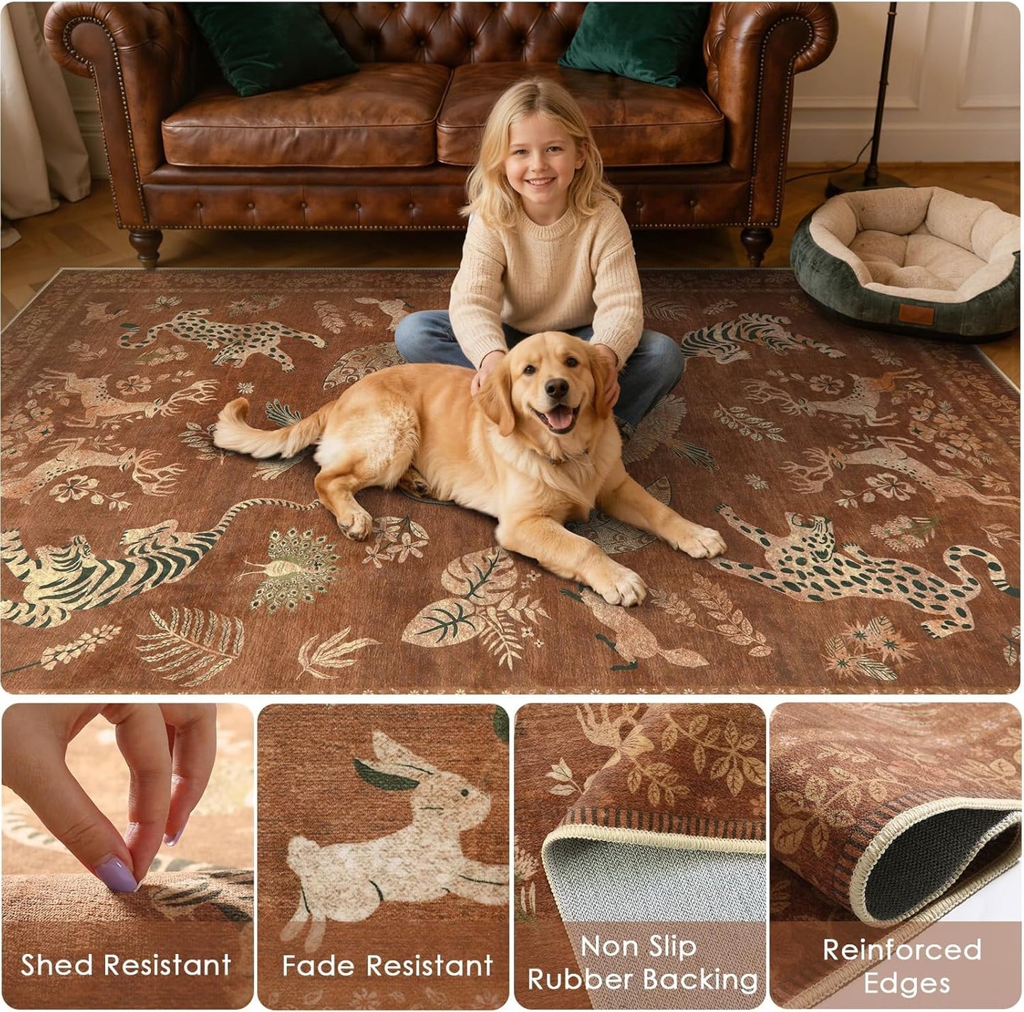 Moynesa Vintage Living Room Rug 8x10, Washable Area Rugs for Dining Room Under Kitchen Table, Bedroom, Oriental Stain Resistant Non Slip Large Indoor Carpets (8x10 Terracotta)