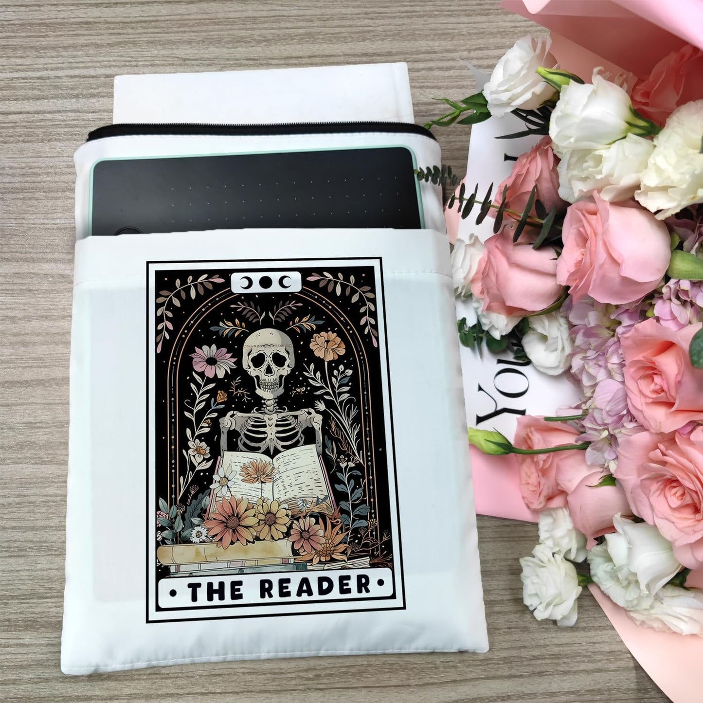 Book Sleeve with Zipper, Book Sleeve for Book Lovers, The Reader Tarot Card Book Sleeves, Book Pouch Kindle Protector, Gifts for Women Teacher Librarian Bookworm Bookish (White-B, Large)