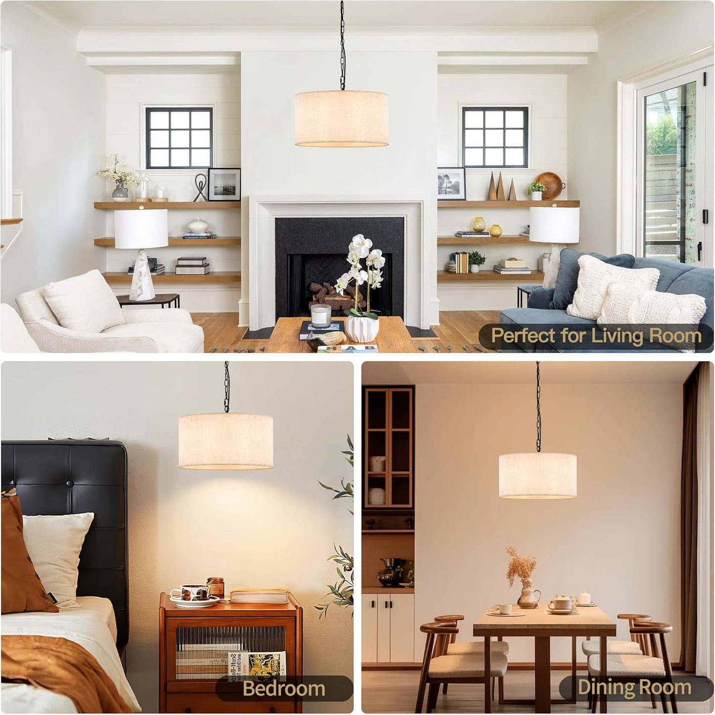 3-Light Plug in Pendant Light with Linen Drum Shade, 15FT Cord & 11.8FT Chain, Adjustable Hanging Height Chandelier with Inline Switch Modern Hanging Lamp for Bedroom Living Room Dining Room