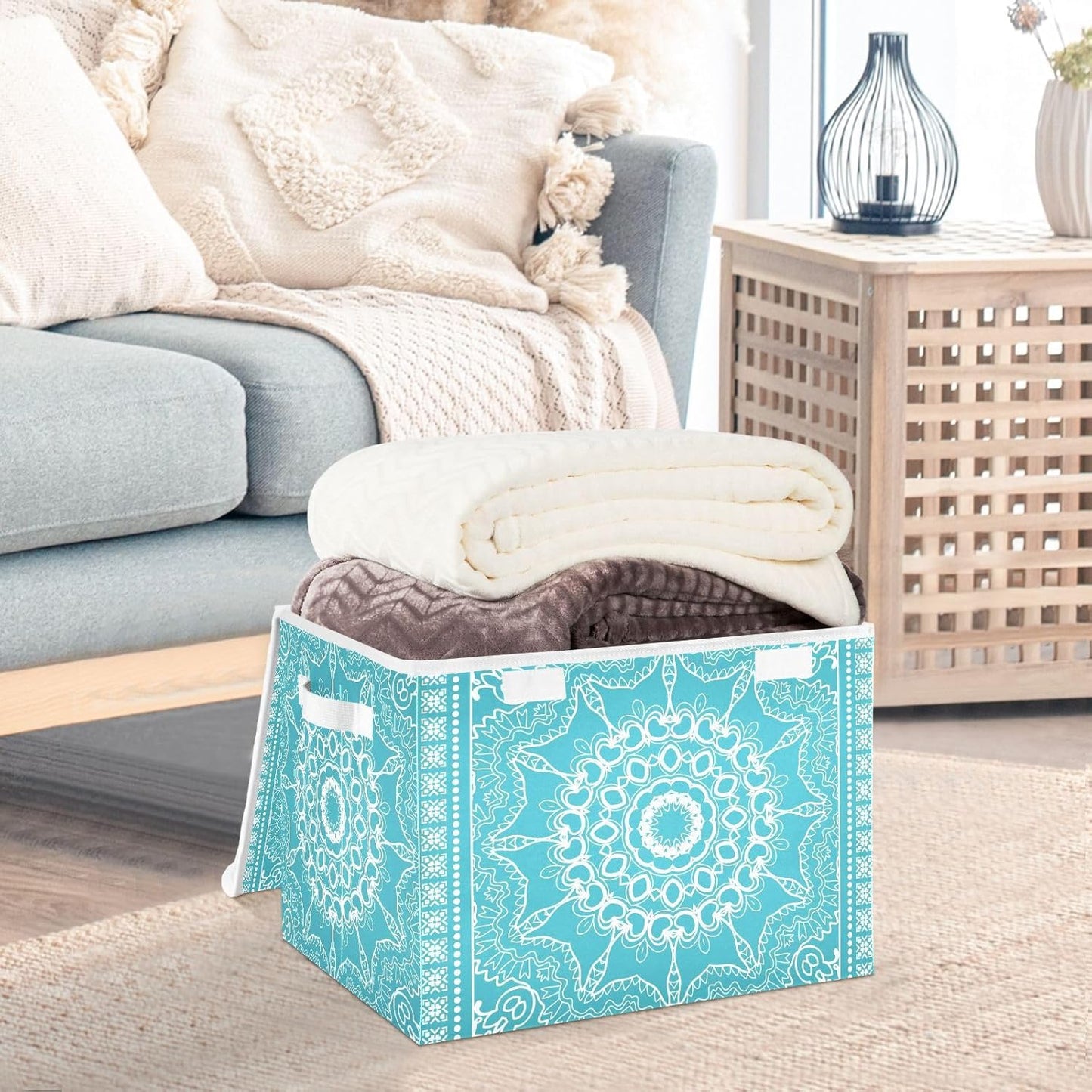 Retro Boho Blue Storage Bins with Lids Fabric Storage Containers Box Organizer with Handles for Closet Shelves Clothes Foldable Decorative 16.5 x 12.6 x 11.8 Inch