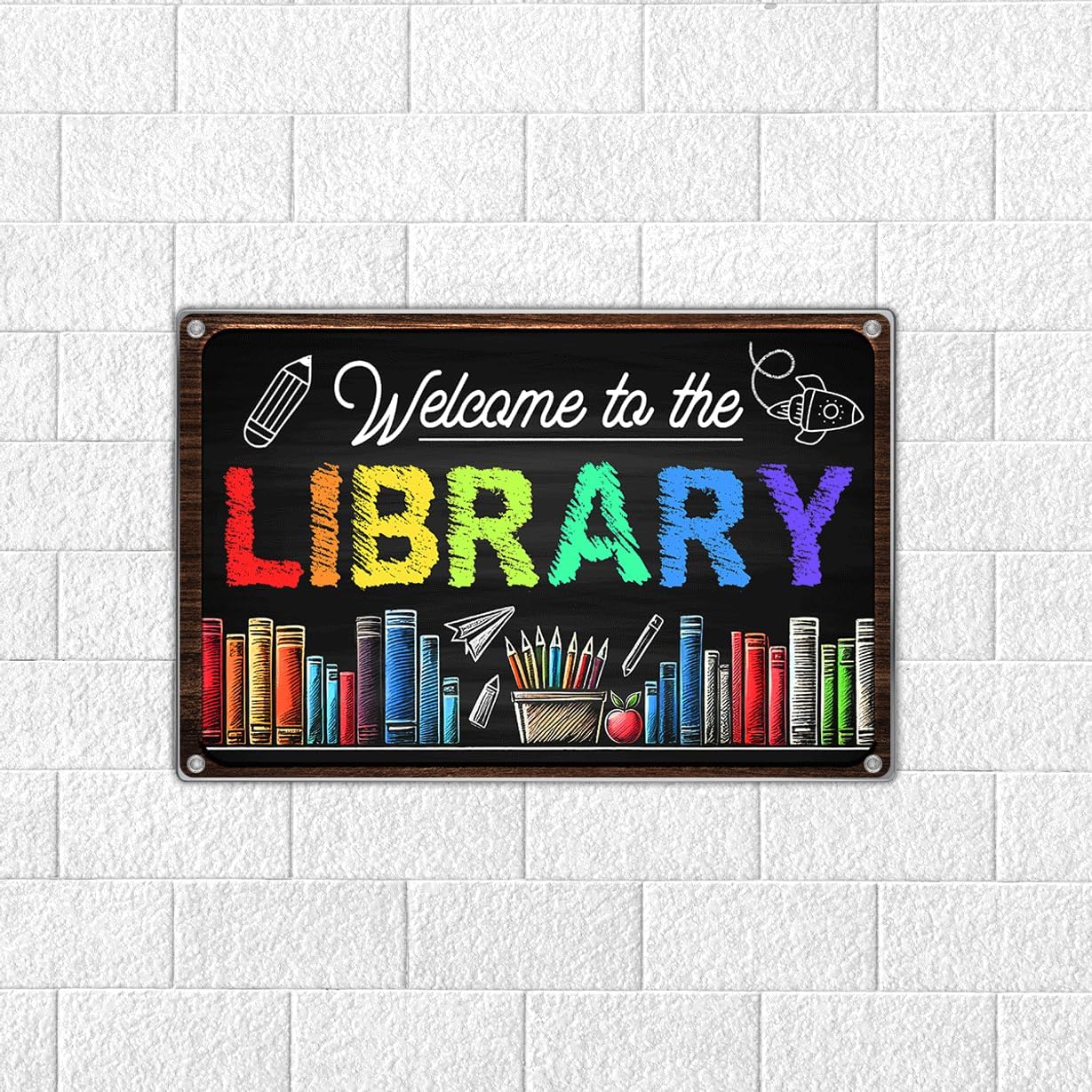 Welcome To The Library Sign 12 x 8 Inch Metal Wall Decor Chalkboard Style Colorful Book Lover Reading Corner Classroom Teacher Student School Decoration Art Home Outdoor