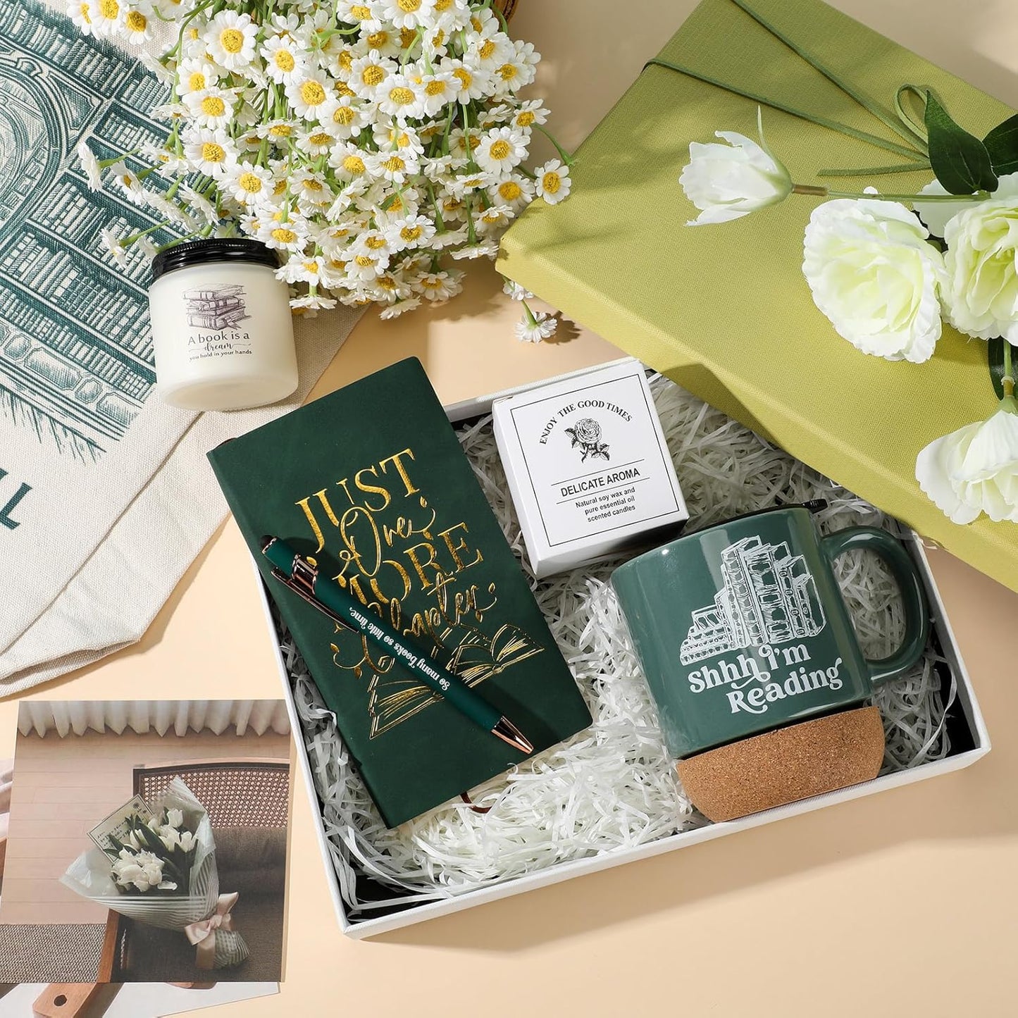 Moinchore Set of 5 Book Lovers Gifts for Reader Canvas Tote Bag Journal Notebook and Ballpoint Pen Ceramic Coffee Mug with Cork Bottom Scented Candle for Teen Teacher Librarian Bookish Author (Green)