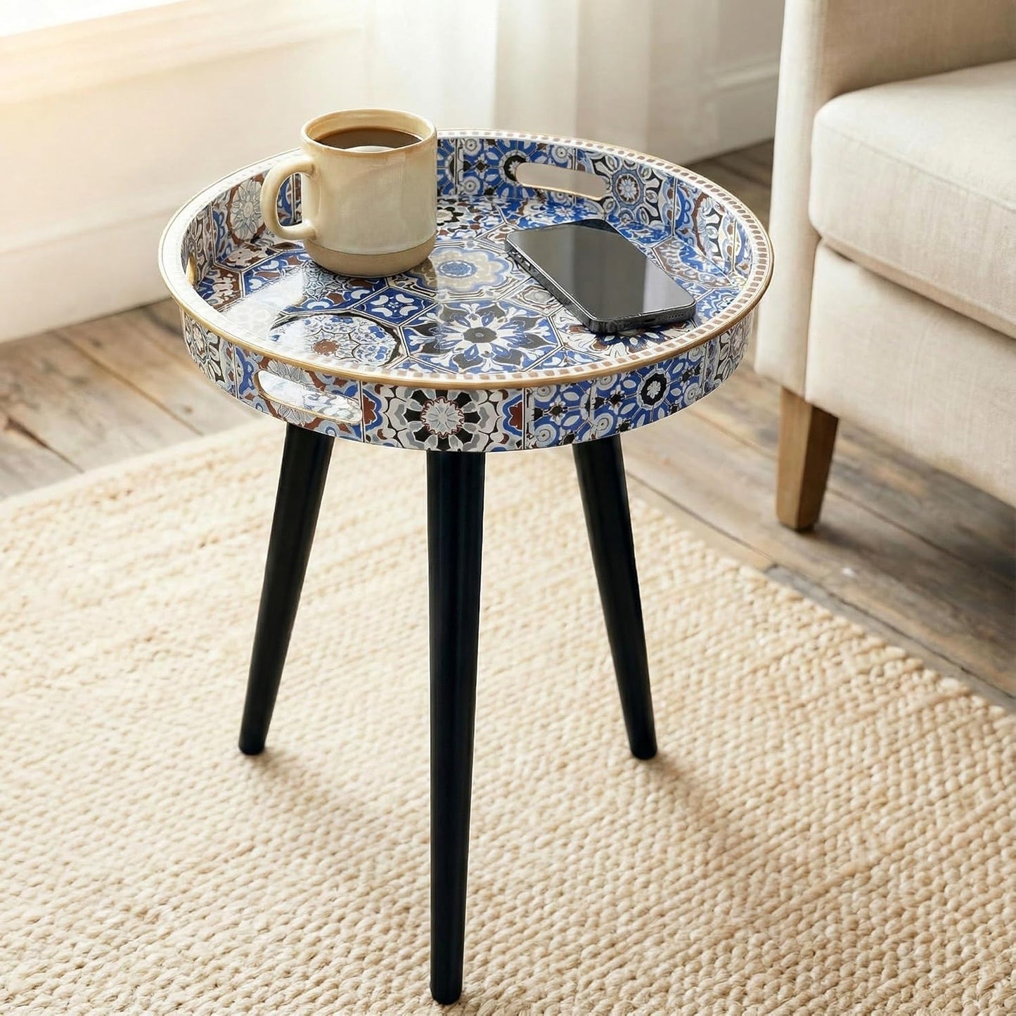 Zosenley Small Round Side Table - 13" Blue Boho Geometric End Table with Vintage Pattern Tray - Unique Artistic Accent Nightstand with Moisture-Resistant Wrapped Legs for Living Room Bedroom