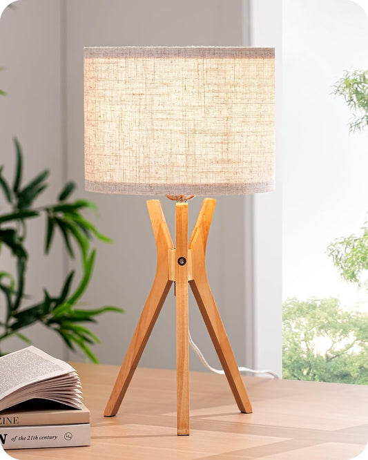 EDISHINE Tripod Table Lamp, 17.5" Modern Bedside Lamp with Natural Wood-Colored Lamp Legs & Beige Linen Lampshade, Boho Nightstand Lamp for Bedroom, Living Room, Reading Room, E26 Base