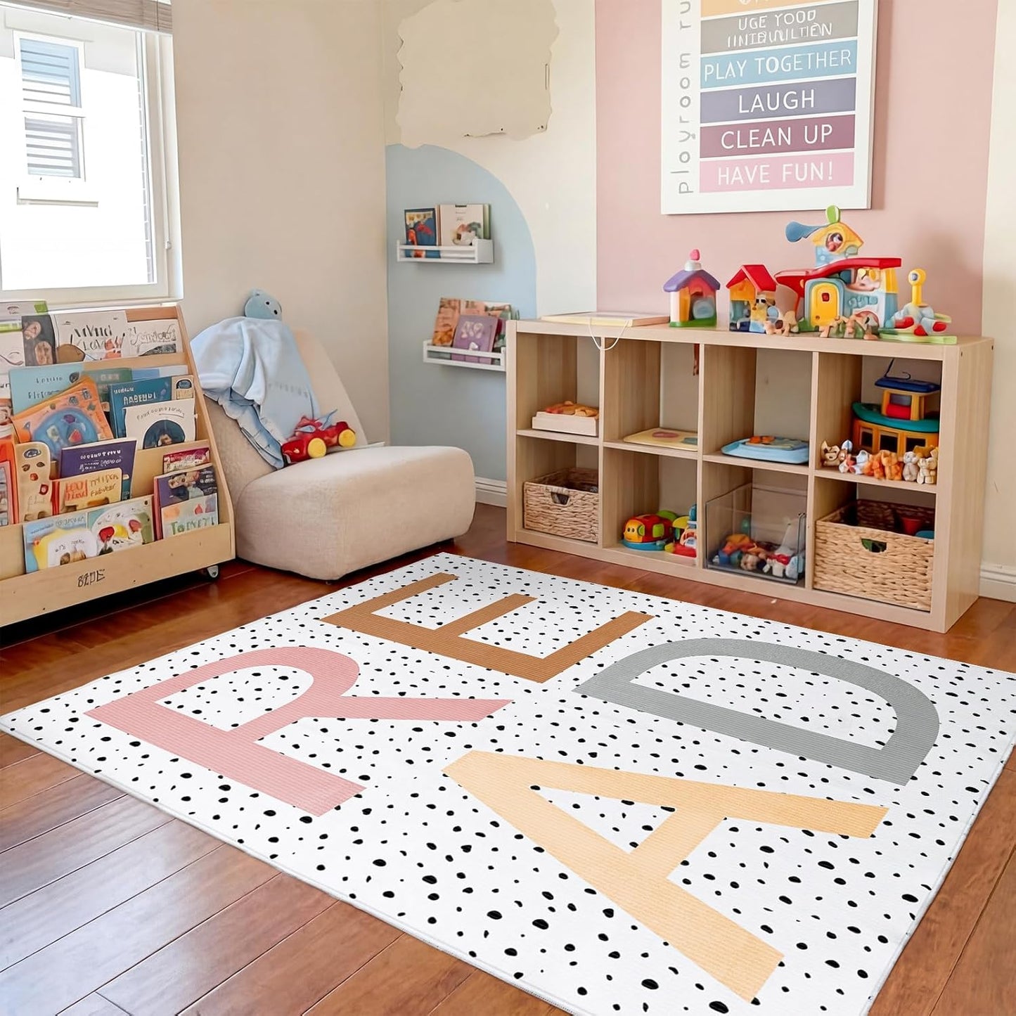 Large Classroom Rug 4.9 x 6.6 ft Read Classroom Carpets with Rubber Backing Class Carpets Playmat Read Rug Decor for Library Preschool Nursery Daycare Reading Nook Bedroom Playroom