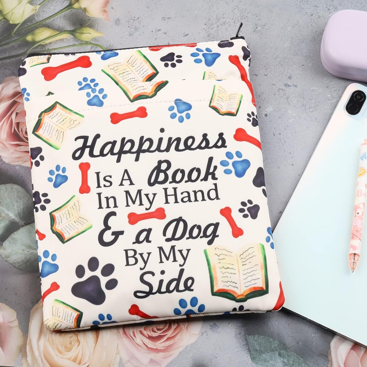 Book Lover Book Sleeve Dog Lover Gift Happiness is A Book in My Hand & a Dog by My Side Book Protector for Animal Lover (Happiness-B)
