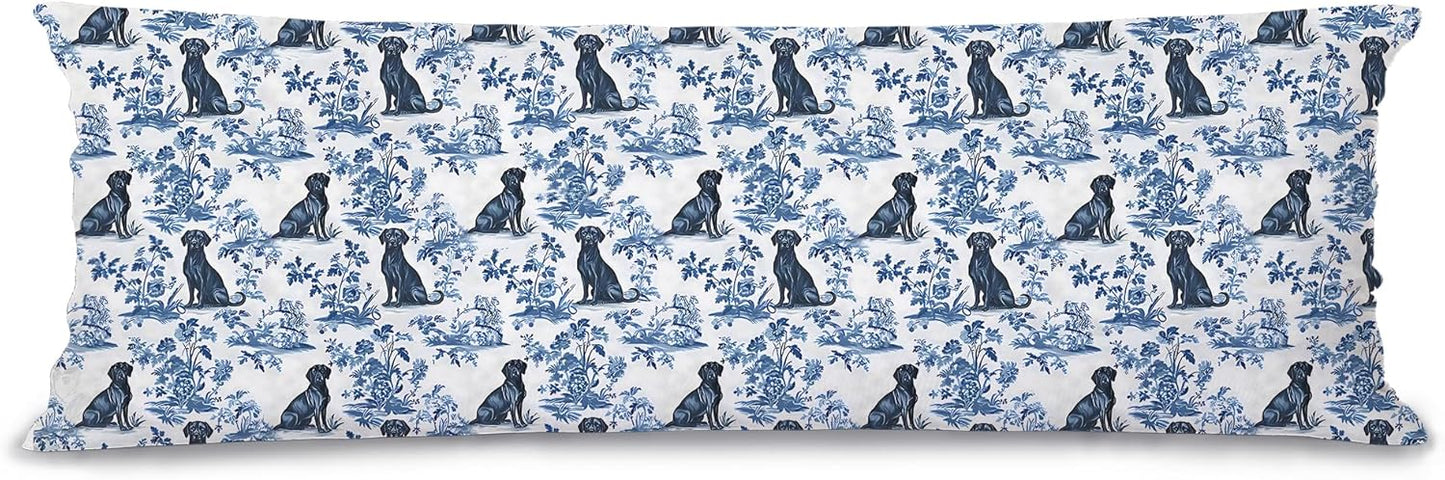 Blue and White Chinoiserie Labrador Retriever Decor 20x54 Body Pillow Cover,Labrador Retriever Gifts,Toile de Jouy Floral Dog Body Pillow Pillowcase with Zipper for Bed Couch