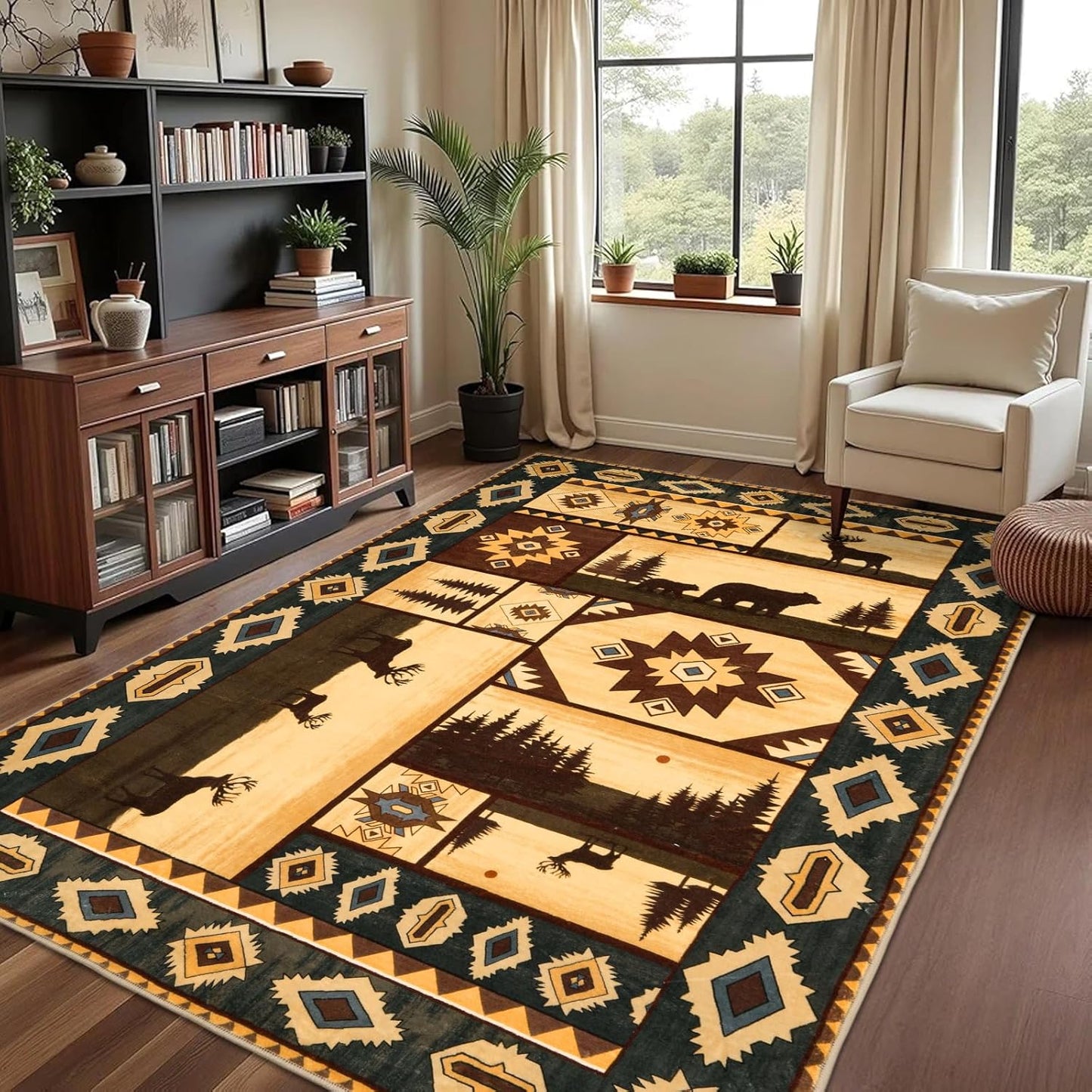 Farmhouse Area Rug 5x7, Animal Print Rug, Living Room Rugs Washable, Non-Slip Faux Wool Rustic Cabin Rugs Floor Carpet, Vintage Country Home Decor