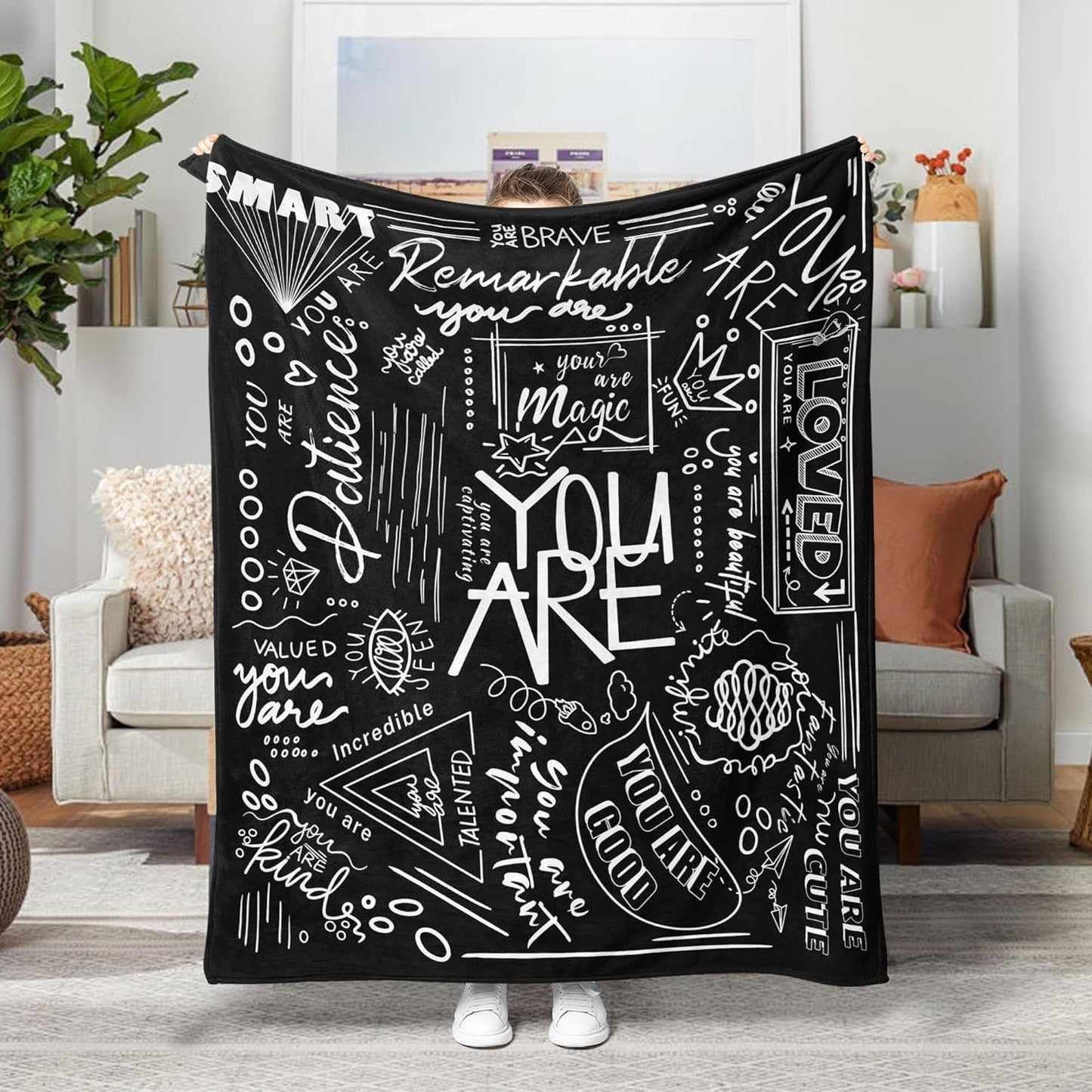 Inspirational Quote Throw Blanket, Positive Psychological Hint Word You are Cozy Decor Nap Cash Blankets Gift for Teens Kids Children Student College Dorm Throws White and Black 40×50 inches