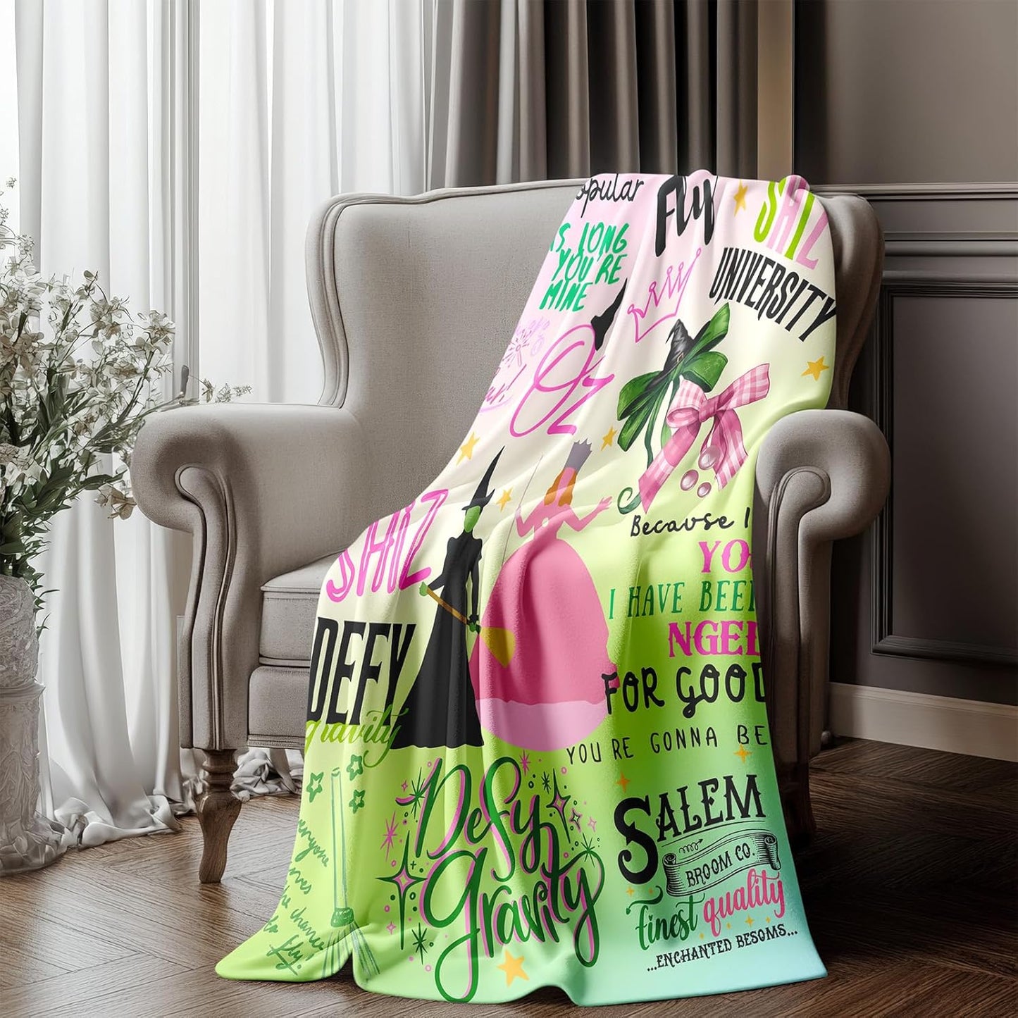 50'' x 40'' Witch Mix Green Vintage Evil Gift Queen Throw Flannel Blanket, Elphaba Hat Glinda Magic Movie Land Blanket, All Seasons Warm Cozy Soft Blanket for Sofa Bed Halloween Women Girls Fans 2