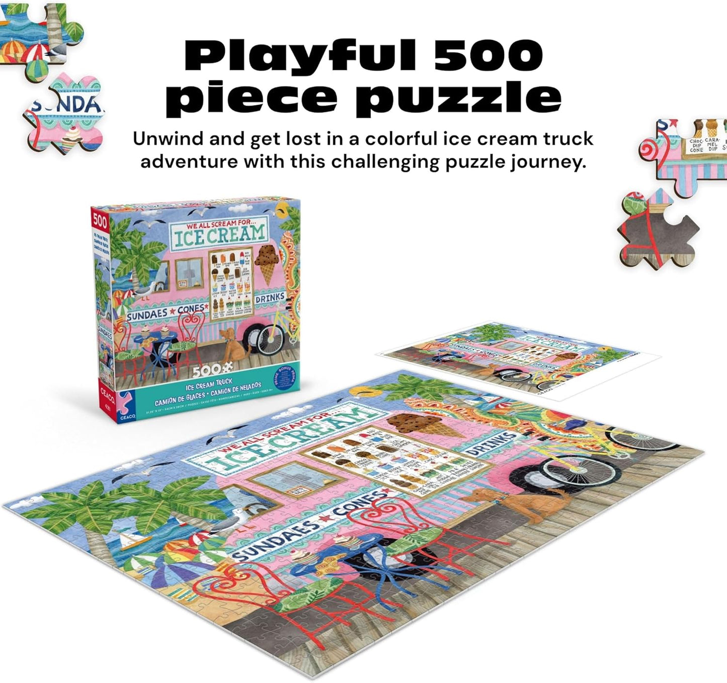 Ceaco- Food Trucks - Ice Cream Truck II - 500 Piece Jigsaw Puzzle for Adults and Families - Colorful Summer Beach Scene with Ice Cream Stand - Finished Size 19 x 19 - Made in The USA