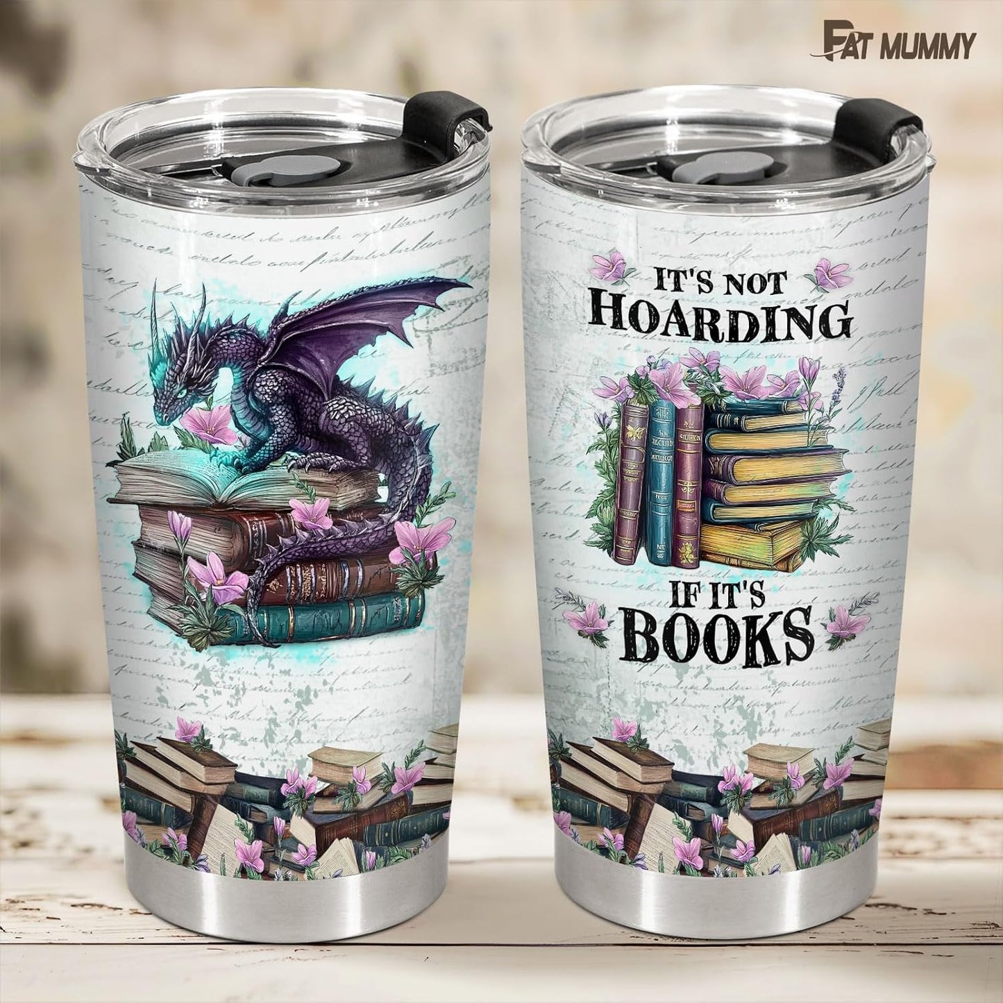 Bookish Dragon Tumbler – It’s Not Hoarding If It’s Books, Fantasy Inspired Stainless Steel Travel Mug with Lid, Bookworm Gift for Men and Women