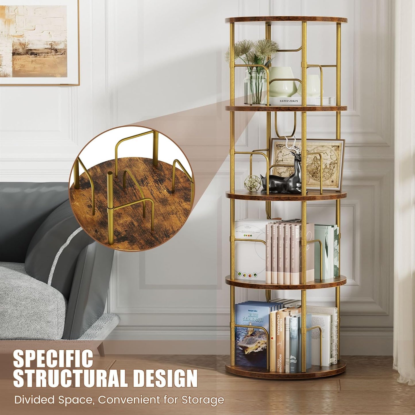 Flycity 4 Tier Rotating Bookshelf, 360° Corner Bookshelf Tower, Round Revolving Bookcase with Special Visible Partition Storage, Narrow Book Shelf Organizer for Living Room, Small Space, Gold