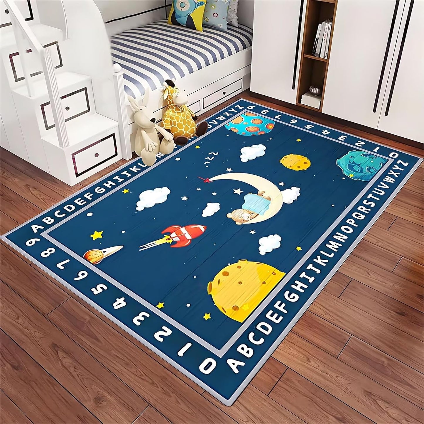 ABC Alphabet Numbers Blue Kids Rugs 3x5ft for Bedroom Playroom Cartoon Rocket Moon Clouds Space Area Rug Soft Carpet Children Playmat