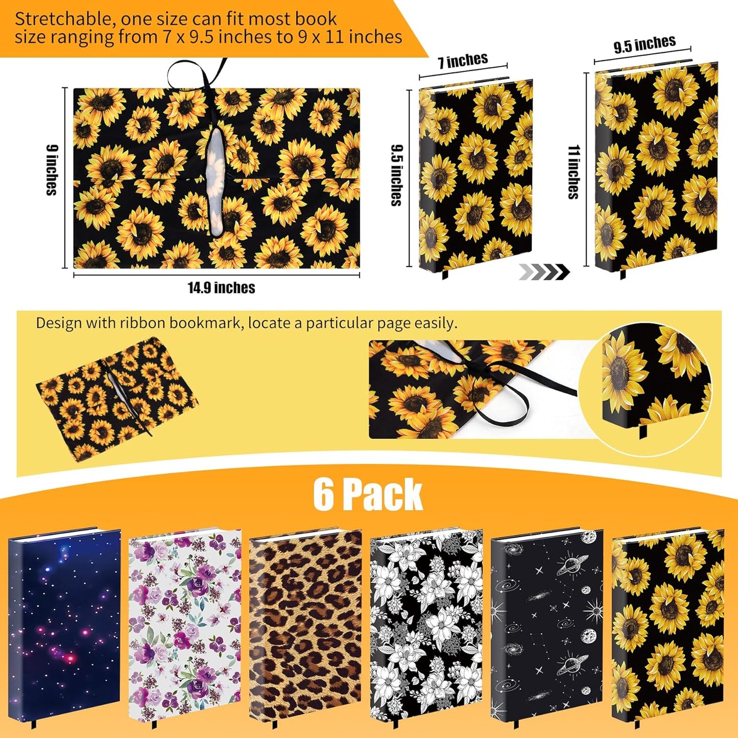 6 Pcs Stretchable Book Cover Jumbo Fabric Book Covers Protector Washable Reusable Protective Textbook Cover for Hardcover Textbooks up to 9 x 11 in with 6 Pieces Magnetic Bookmarks