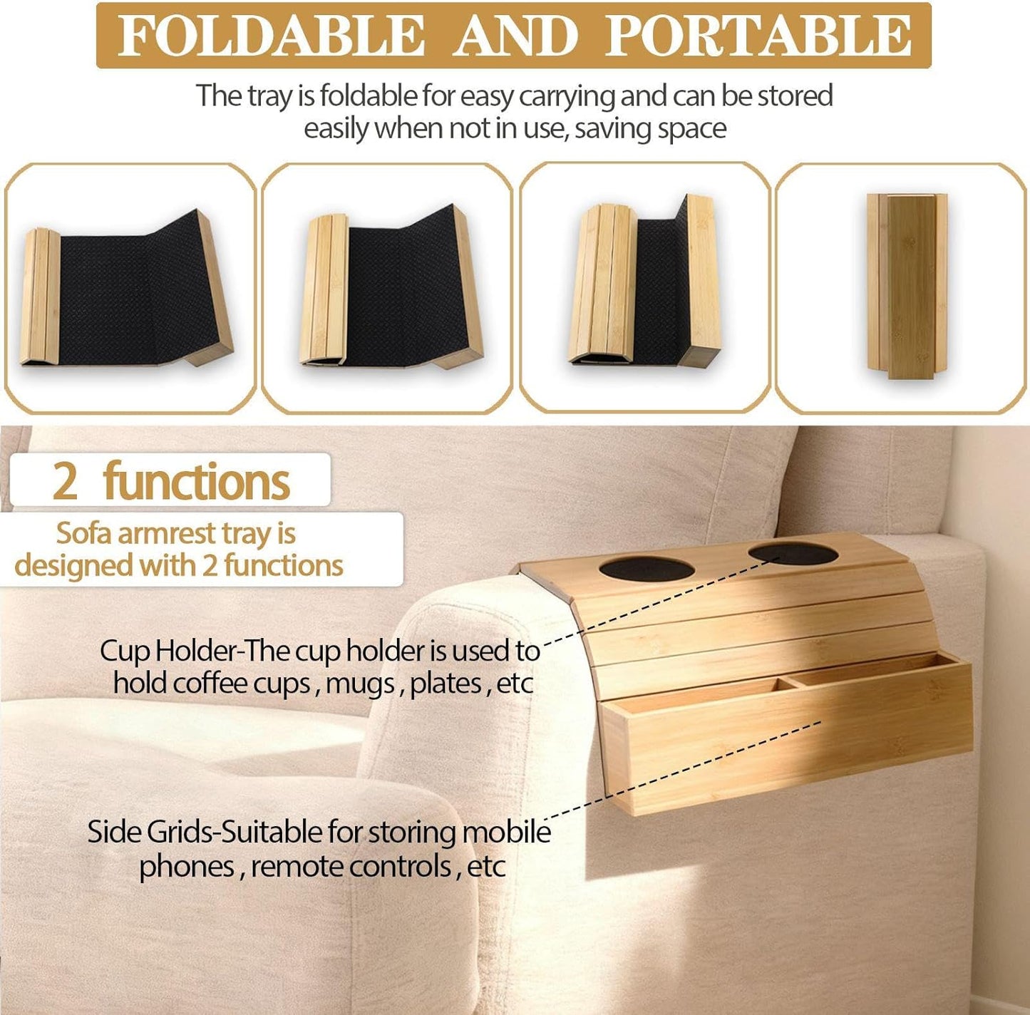 Bamboo Sofa Armrest Tray Foldable Couch Arm Tray Non Slip Sofa Armrest Table with Cork Coasters Color Natural Couch Armrest Organizer for Drinks Mobile Phone TV Remote Control Snacks