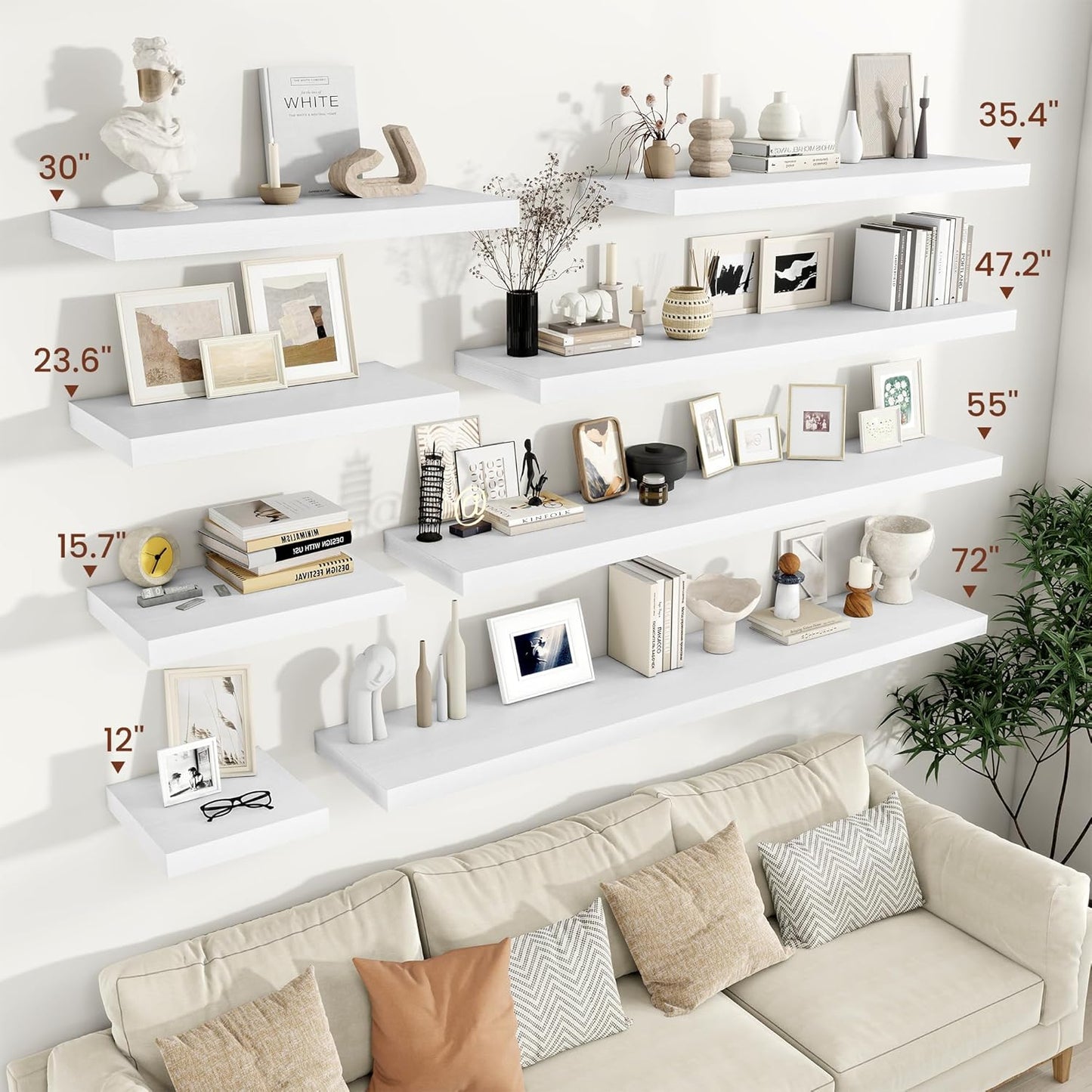 Vivelove 2" Thick Floating Shelves, 47.2 Inch X 12 Deep Shelves for Room Wall Mounted, Floating Shelf for Living Room Bedroom Bathroom Kitchen Laundry Room, Set of 2 White