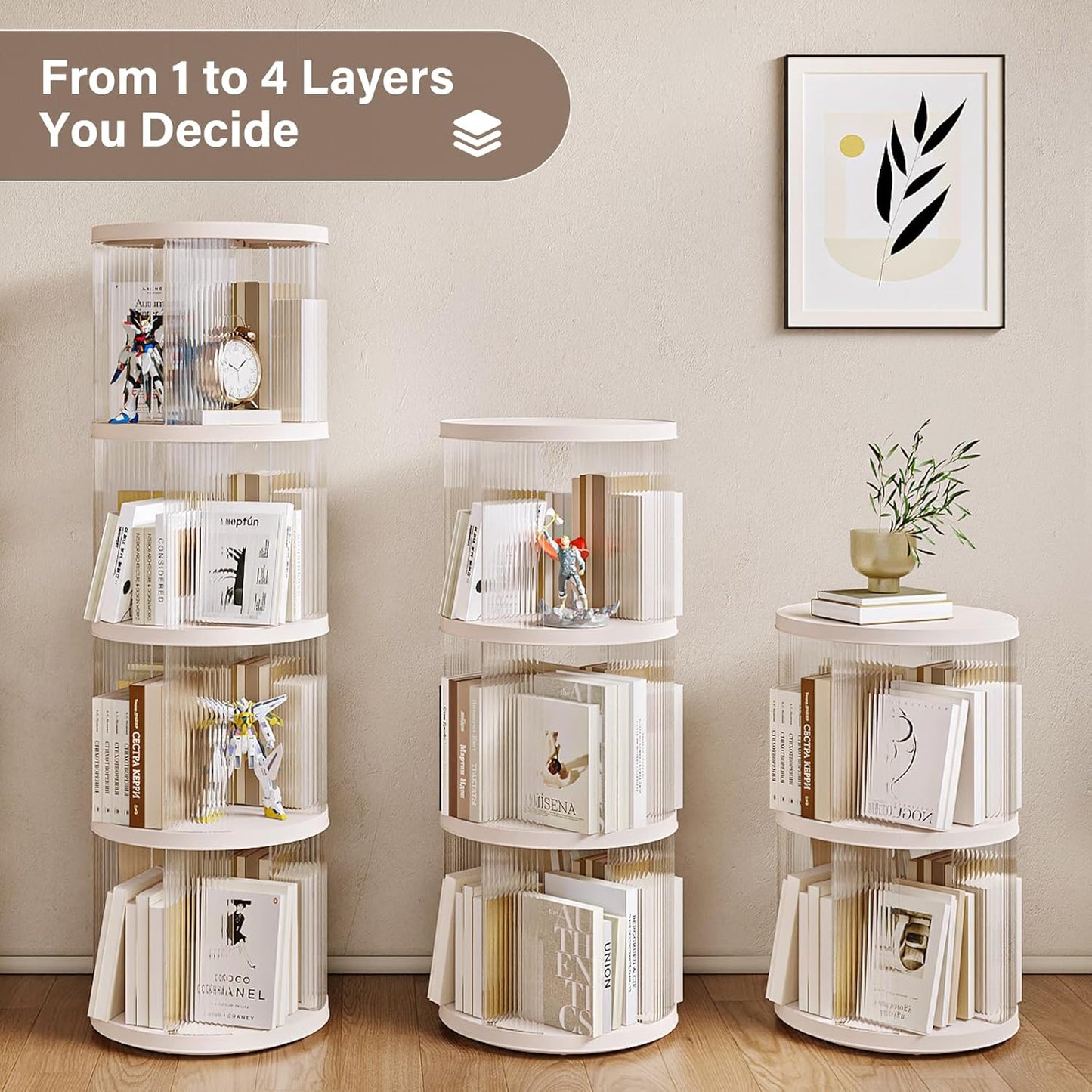4 Tier Rotating Bookshelf, Small Corner Bookshelf for Small Space, 360 Display Floor Standing Bookcase, Plastic Narrow Book Organizer Shelf for Bedroom, Living Room, Round, White, Lazy Susan