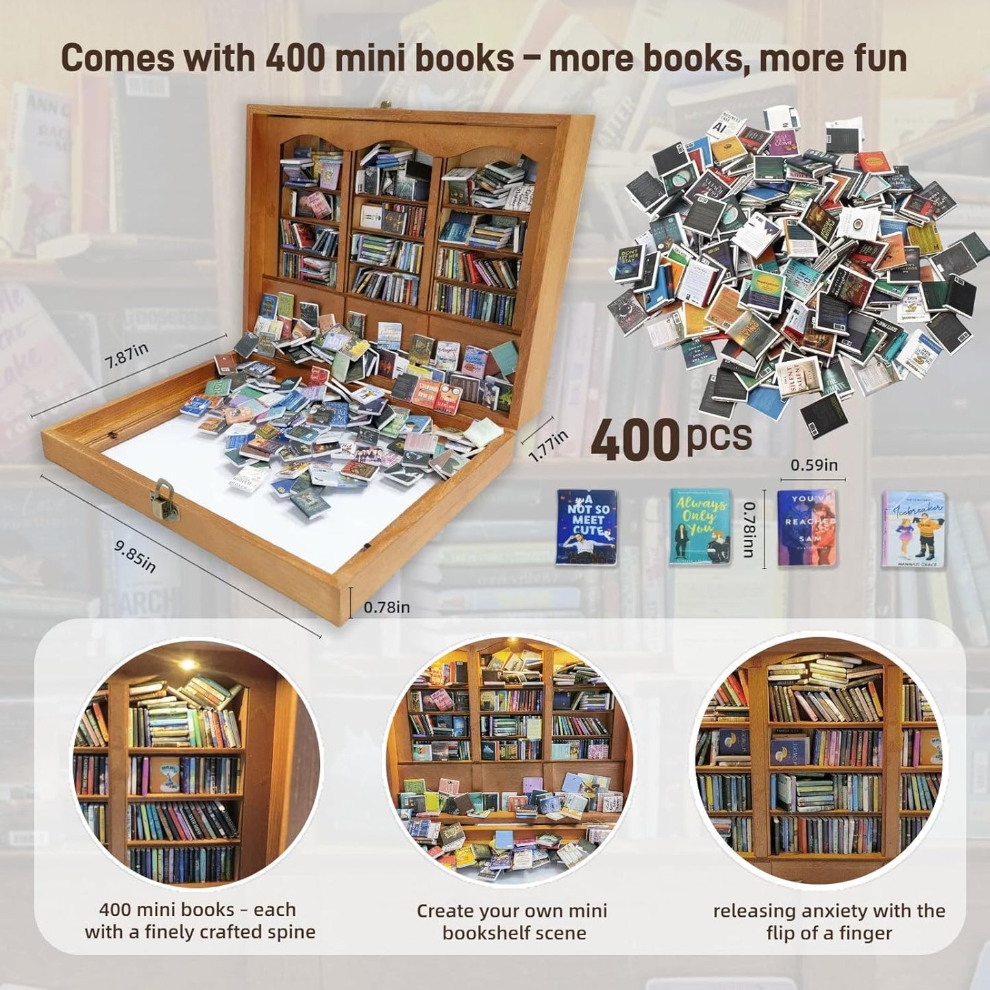 Anxiety Bookshelf with 6 Decorative Mini Lights and 400 Mini Book Pieces, Miniature Bookshelf, Book Organizer for Office Desk, Library Decor for Tiny Home and Bookish Spaces, 10.2 x 9.1 x 3.1 in