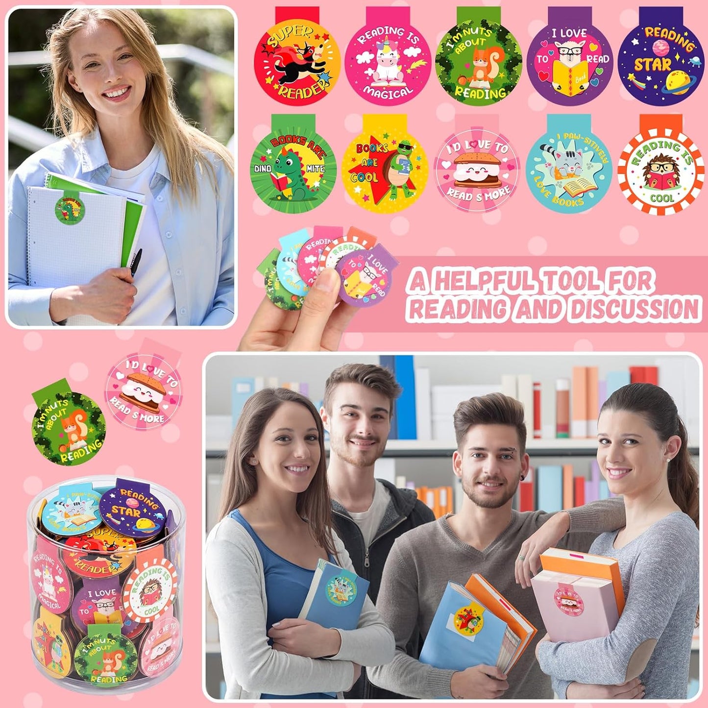 100 Pcs Magnetic Bookmarks for Kids Motivational Love to Read Magnet Bookmark in 10 Designs 1.38 Inches Back to School Gifts for Teachers Students and Books Lover Gifts(Reading Rewards)
