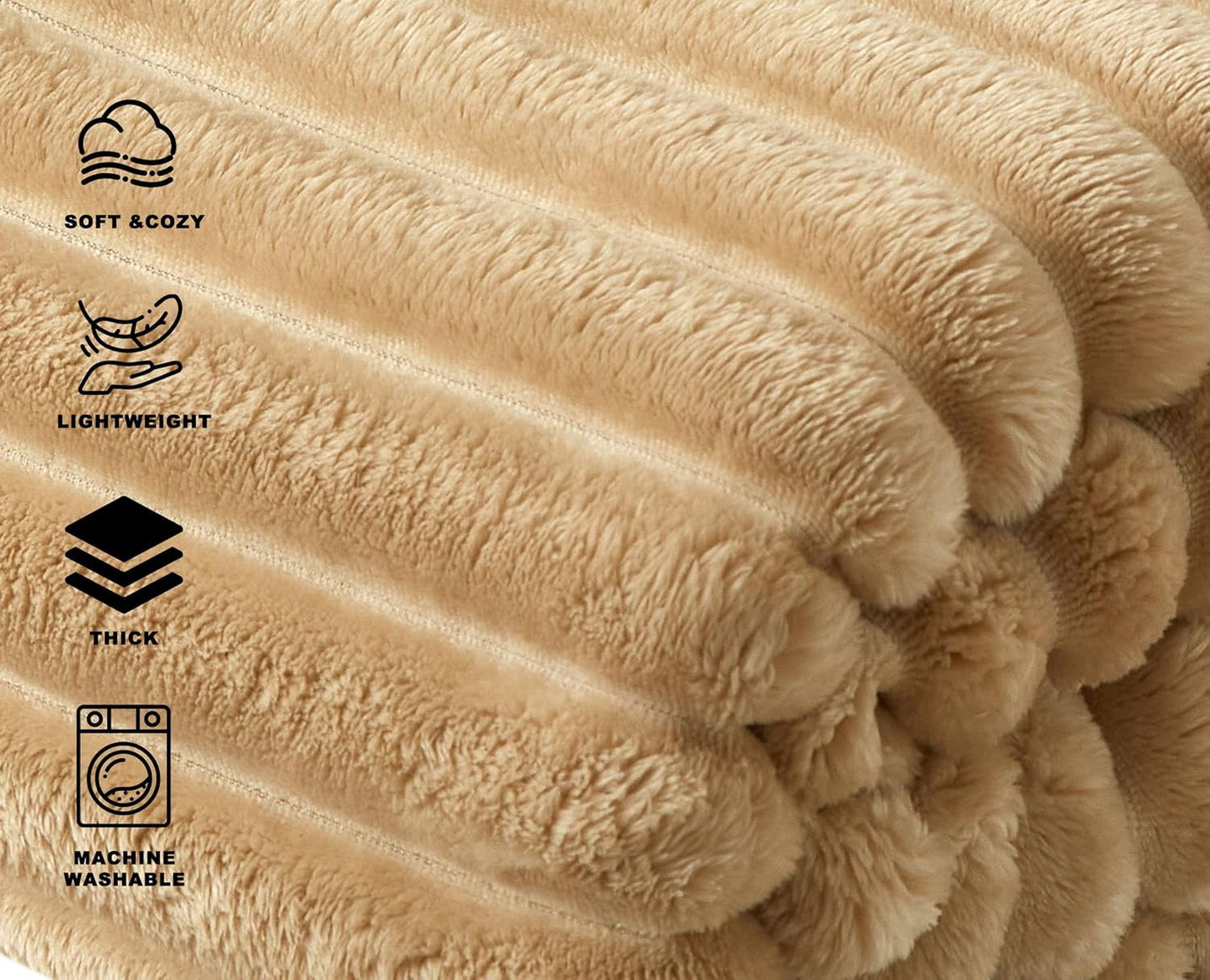380GSM Heavyweight Ribbed Textured Fleece Blanket, Substantial Weight Warm Nap Throw, Neutral Aesthetic Apartment Essentials, Beige, 50"x60"