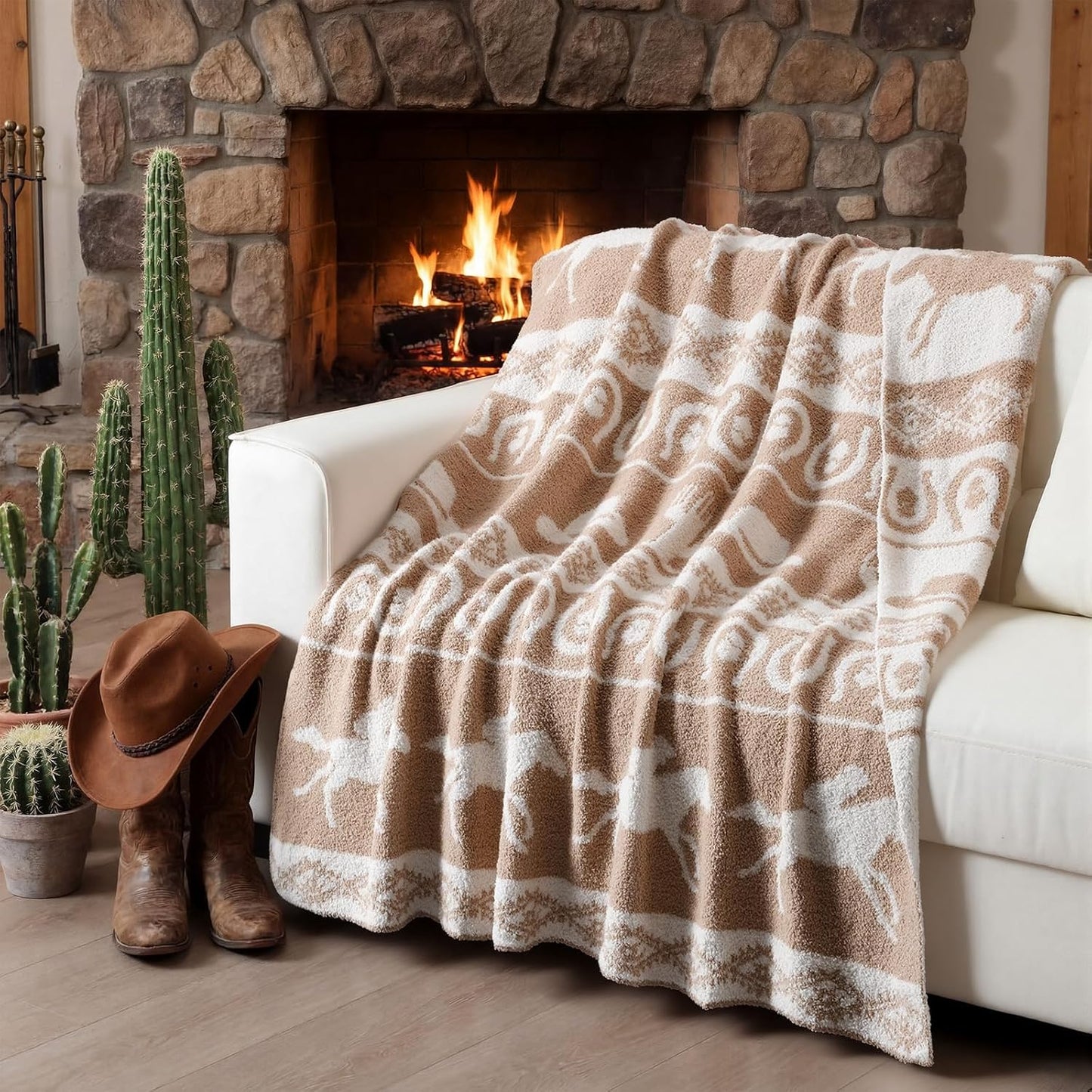 Buryeah 50×60 Inch Western Rodeo Reversible Knitted Throw Blanket, Southwestern Cowboy Knit Throw Blanket, Horse Horseshoe Pattern Rustic Ranch Decor Gift for Couch Sofa Bed