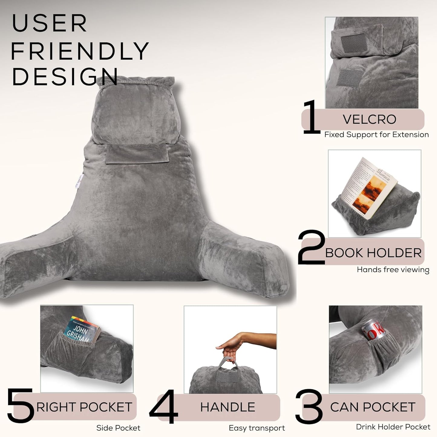 XL Reading Pillow for Bed with Arms – 2026 Upgrade Fixed Headrest Book Pillow, Supportive Ergonomic Backrest for iPad Reading, Dorm Rooms, TV Watching & Relaxing (Grey)