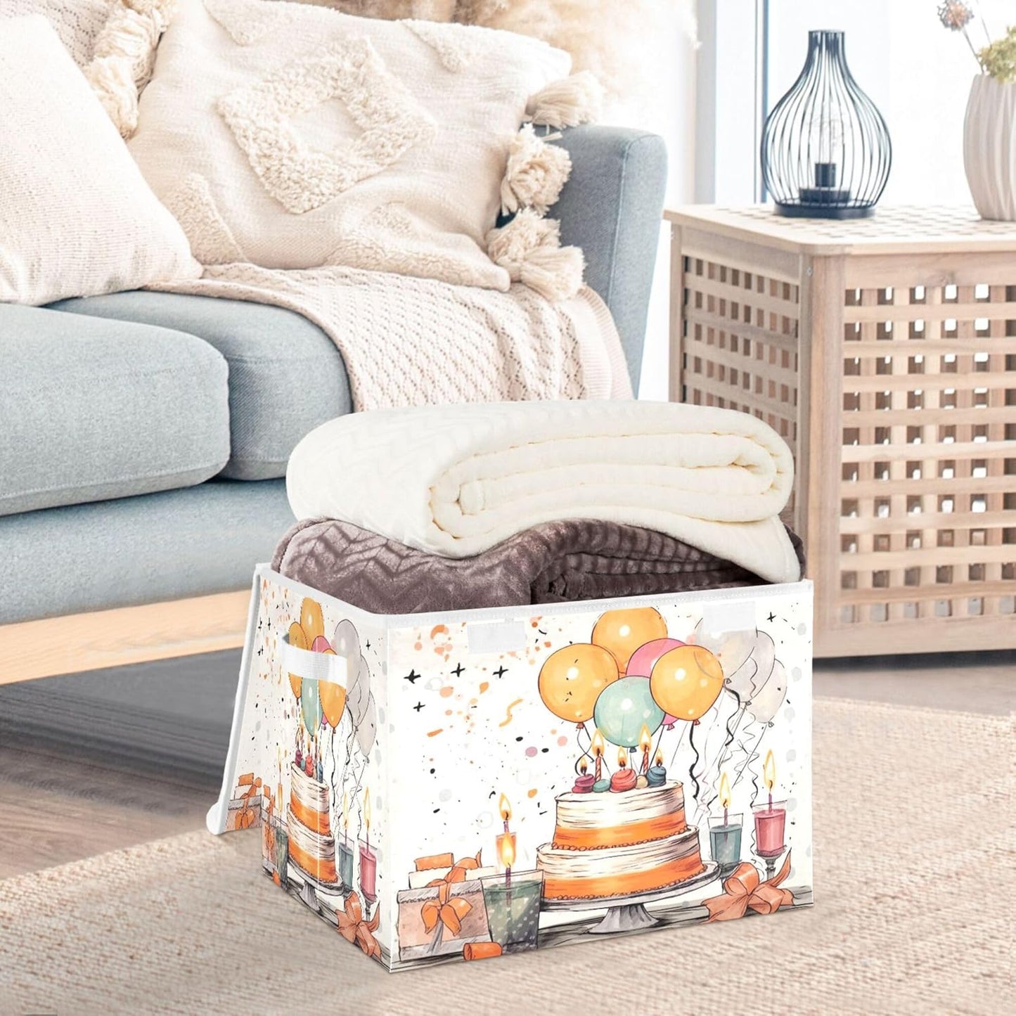 xigua Happy Birthday Pattern Storage Bins with Lids and Carrying Handle,Foldable Storage Boxes Organizer Containers Baskets Cube with Cover for Home Bedroom Closet Office