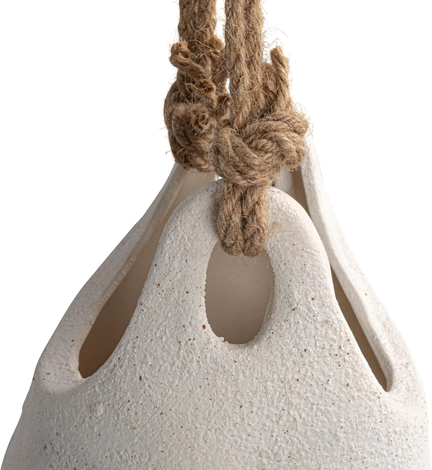 Creative Co-Op Large Stoneware Hanging Planter with Jute Rope Hanger and Distressed Volcano Finish, White