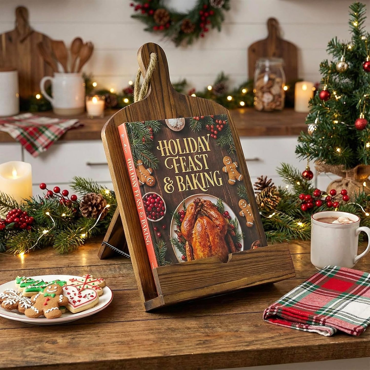MyGift Cookbook Stand Recipe Book Holder with Brown Wood Cutting Board Design, Cookbook Holder for Countertop Display