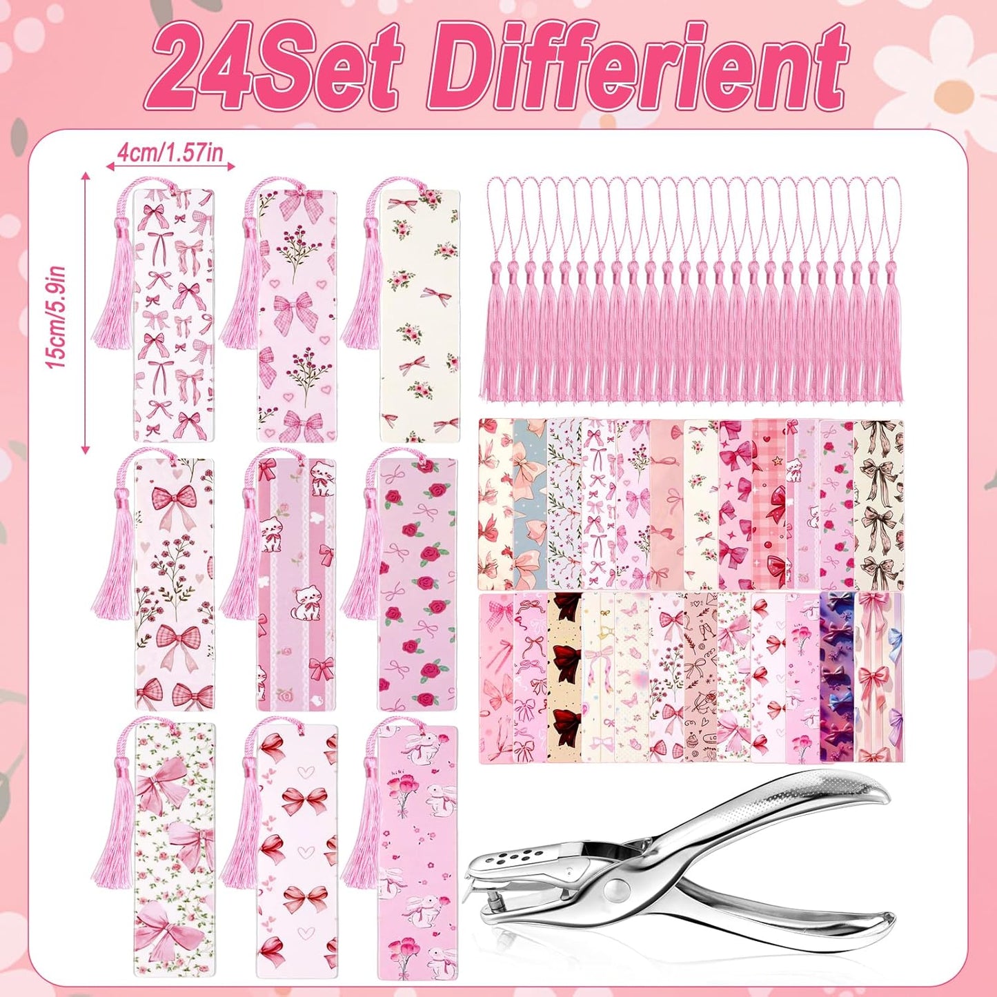 24Set Cute Bookmarks for Reading Women Aesthetic Girly Bookmarks Pretty Pink Bow Book Marks Bulk DIY Bookmark Bookish Page Markers Making Kit Coquette Reading Accessories Valentines Day Gifts