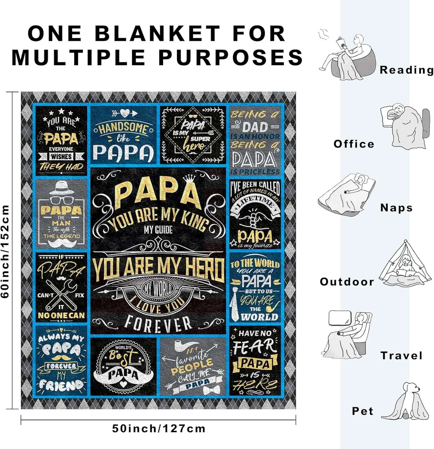 Fathers Day Papa Gifts Throw Blanket 60"x50", Birthday Gifts for Papa from Grandkids Grandchildren Grandson Granddaughter