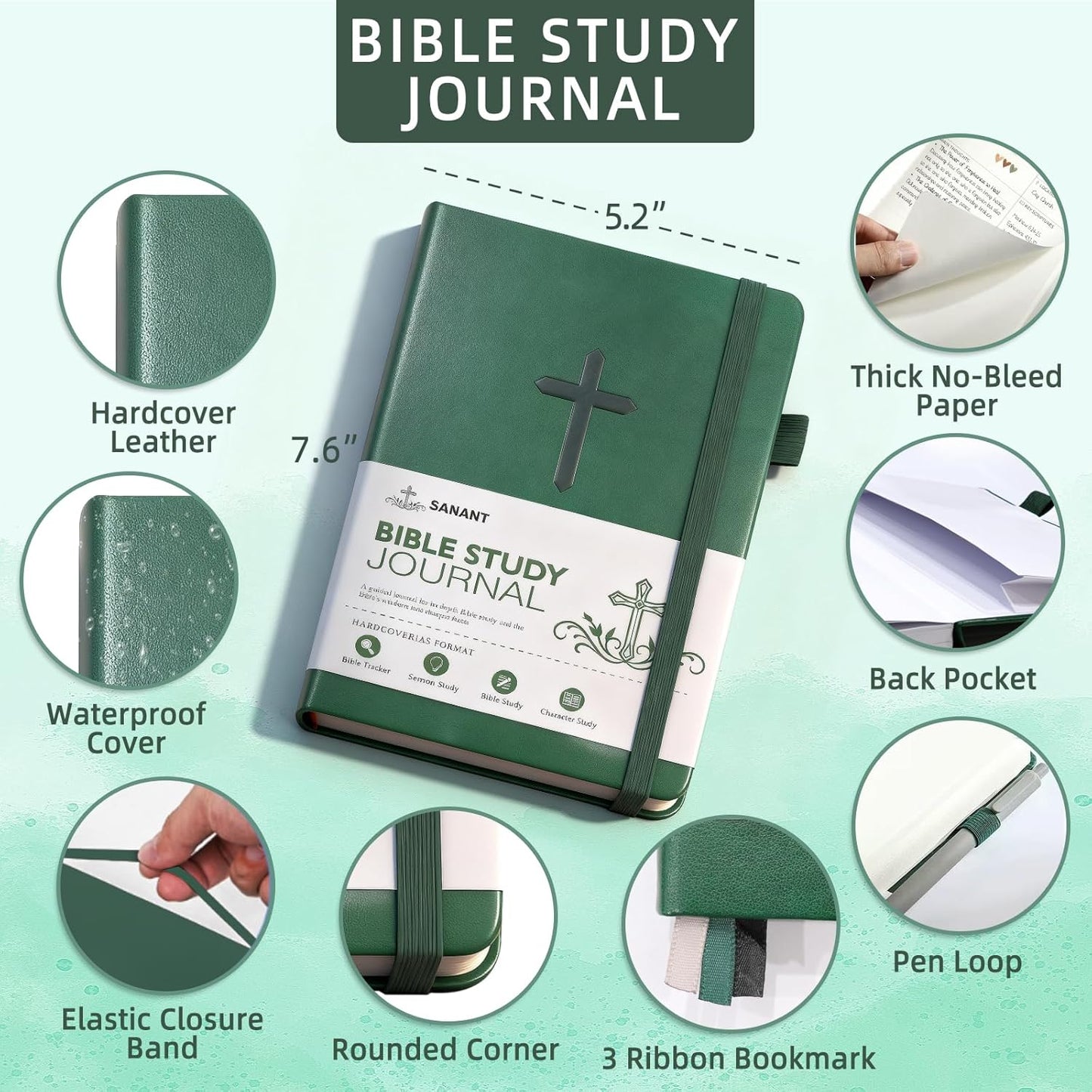 Bible Study Journal, Leather Christian Bible Church Notes Notebook for Note Taking & Reflection, Guided Bible Study Supplies Faith Based Jesus Religious Gifts, Bible Notebook for Men Women(Green)
