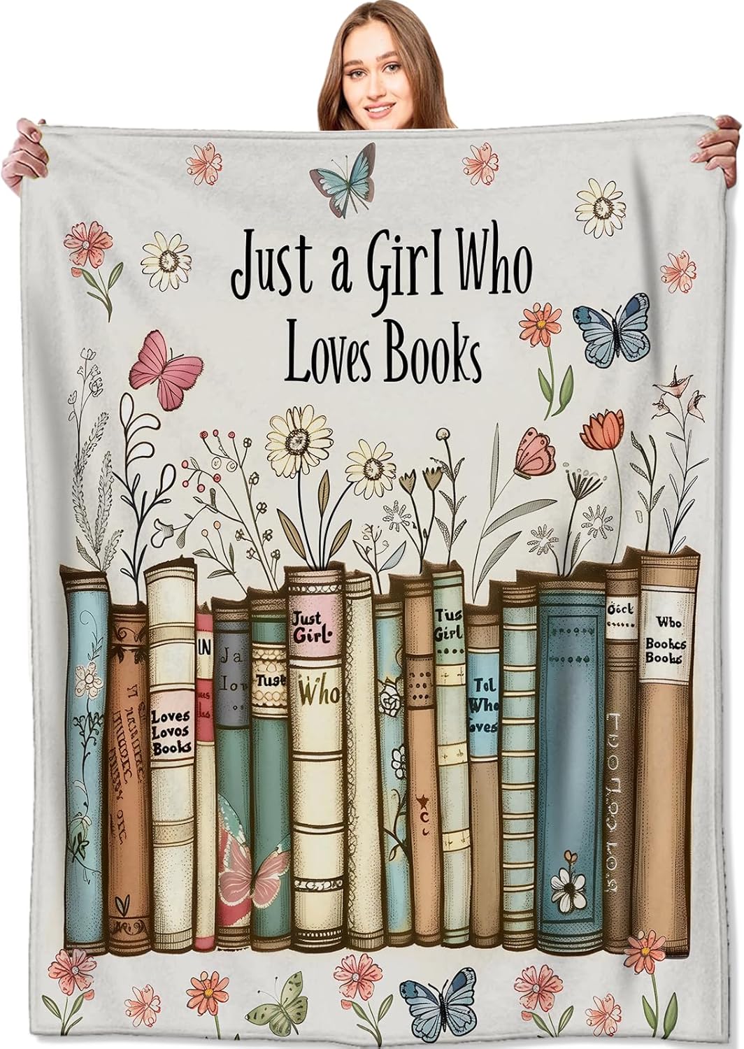 Just a Girl Who Loves Books Blanket Reader Floral and Butterfly Throw Blankets,Birthday Gifts for Kids Girls Women,Lightweight Soft Fleece,Book Lovers,Sofa Couch Bed Room Decor 50x60in