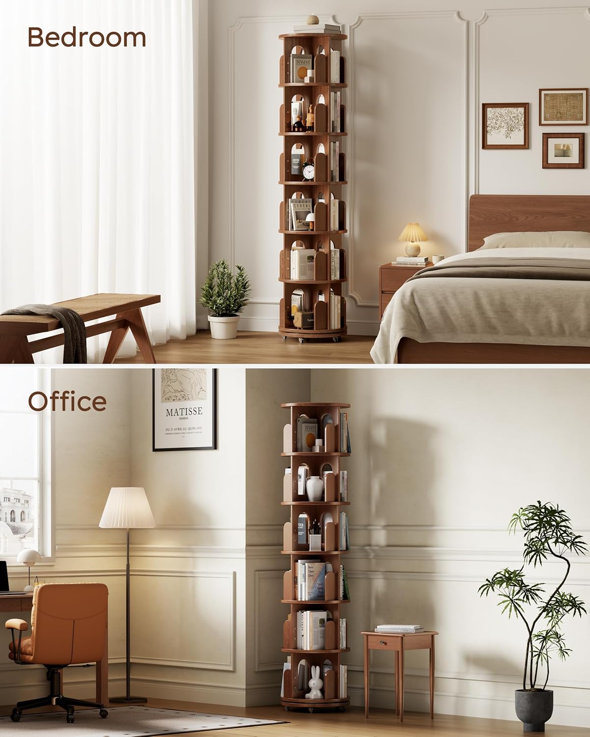 Solid Wood Rotating Bookshelf Tower, 6 Tier Corner Bookshelf with Bookends, Kids Spinning Book Shelf with Wheels, Revolving Bookcase Shelf, Tall Narrow Bookshelves for Small Spaces, Walnut
