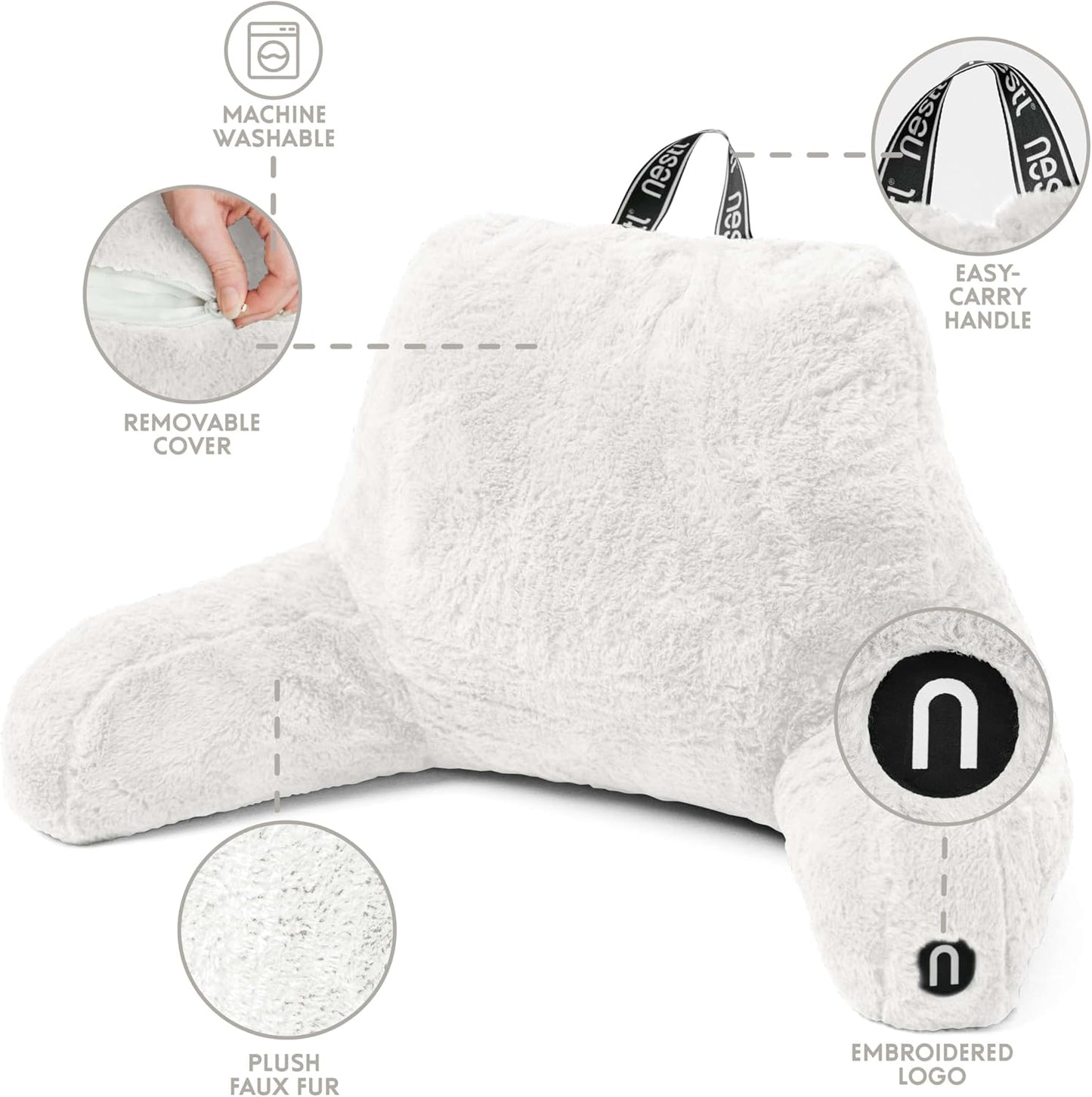 Nestl Fur Reading Pillow, Stylish Back Pillow for Bed Sitting Up, Faux Fur Bed Chair Pillow with Arms, Reading Pillows for Sitting in Bed Adult & Kids, Sit Up Back Support Pillow for Bed Rest - White