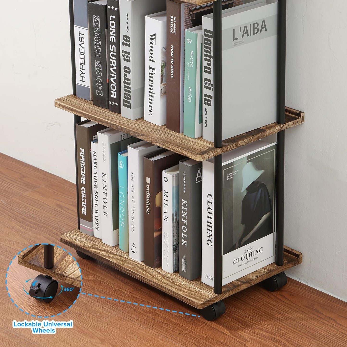 GETALL 5 Tier Bookshelf with Wheels, Tall Bookcase for Small Spaces, Solid Wood Narrow Shelf, Corner Book Shelf Storage Organizer for CDs, Movies, Movable Shelfing Unit for Bedroom, Living Room