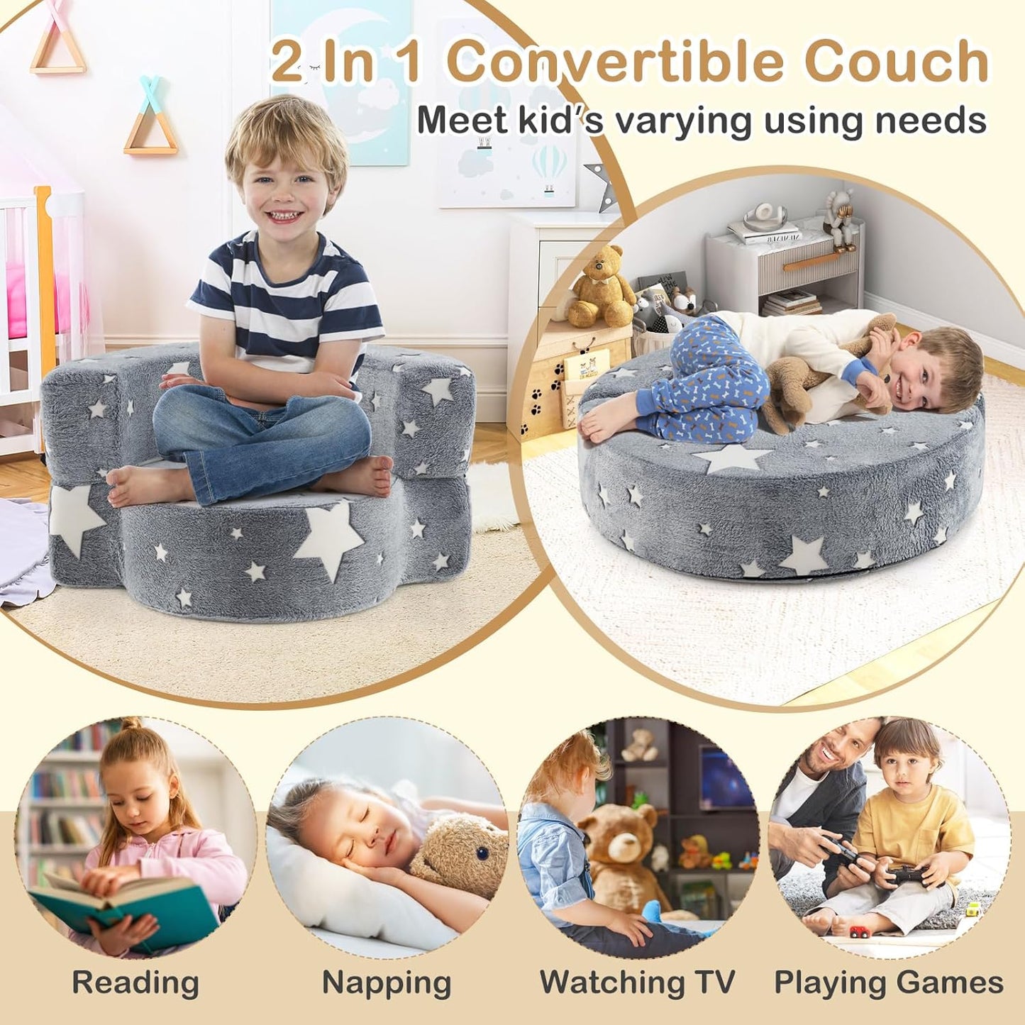 Costzon Kids Couch, 2 in 1 Convertible Toddler Reading Chair Sofa Glow in The Dark with 8-inch Sitting Cushion, Flannel Cover, Lightweight Children Plush Sofa Chair for Boys Girls Gifts