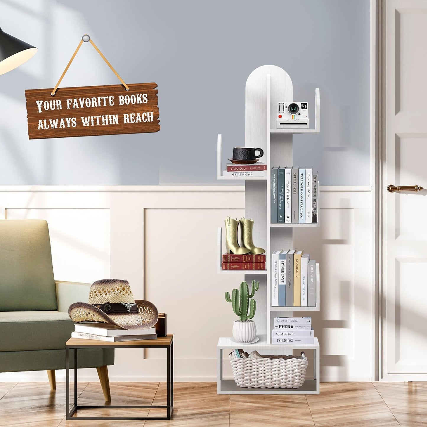 Cactus Tree Bookshelf, 5-Tier Wood 50" Tall Storage Rack for CDs/Movies/Books, Small Space-Saving Organizer Shelves for Living Room, Bedroom, Home Office (Mist Green)