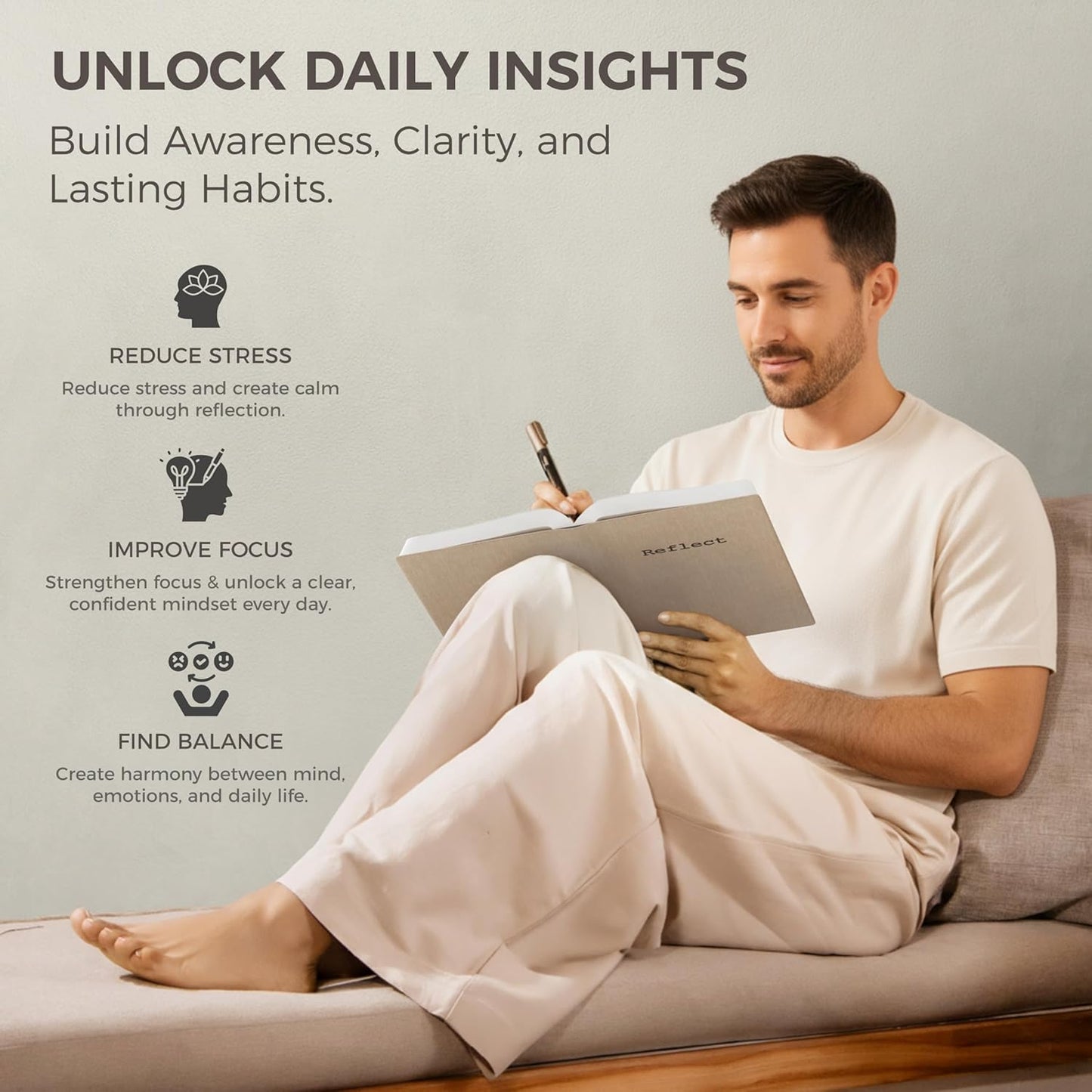 MindPanda Reflect Journal - The Ultimate Guided Journal with Daily Prompts For Gratitude, Mindfulness & Daily Reflection - Mood Tracker & Gratitude Log for Happiness & Self Care. Premium Non-Bleed
