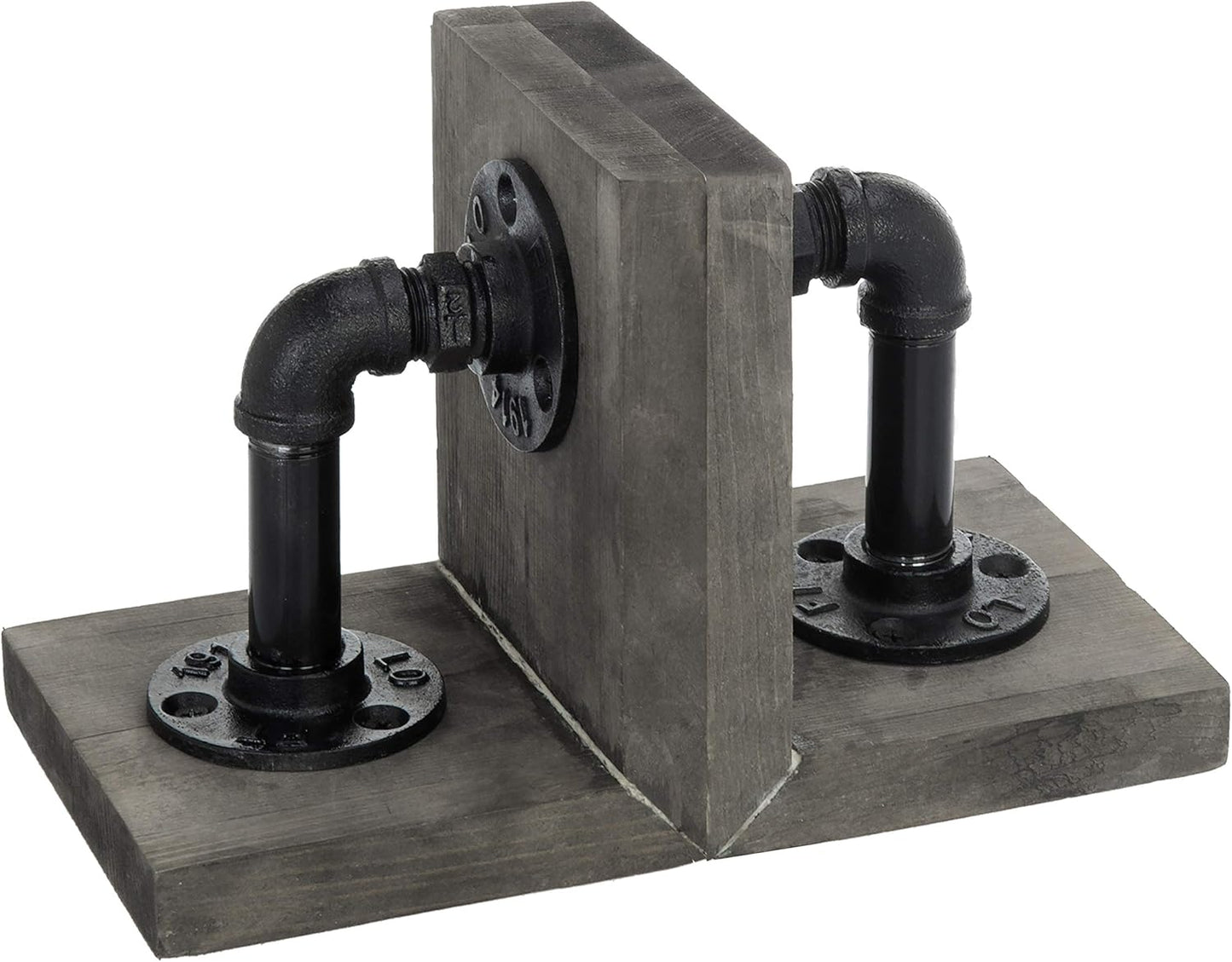 MyGift Book Ends Decorative for Shelves, Office Bookends for Heavy Books, Book Holder L-Shaped Stand Desktop, Vintage Gray Wood with Realistic Industrial Pipe Design