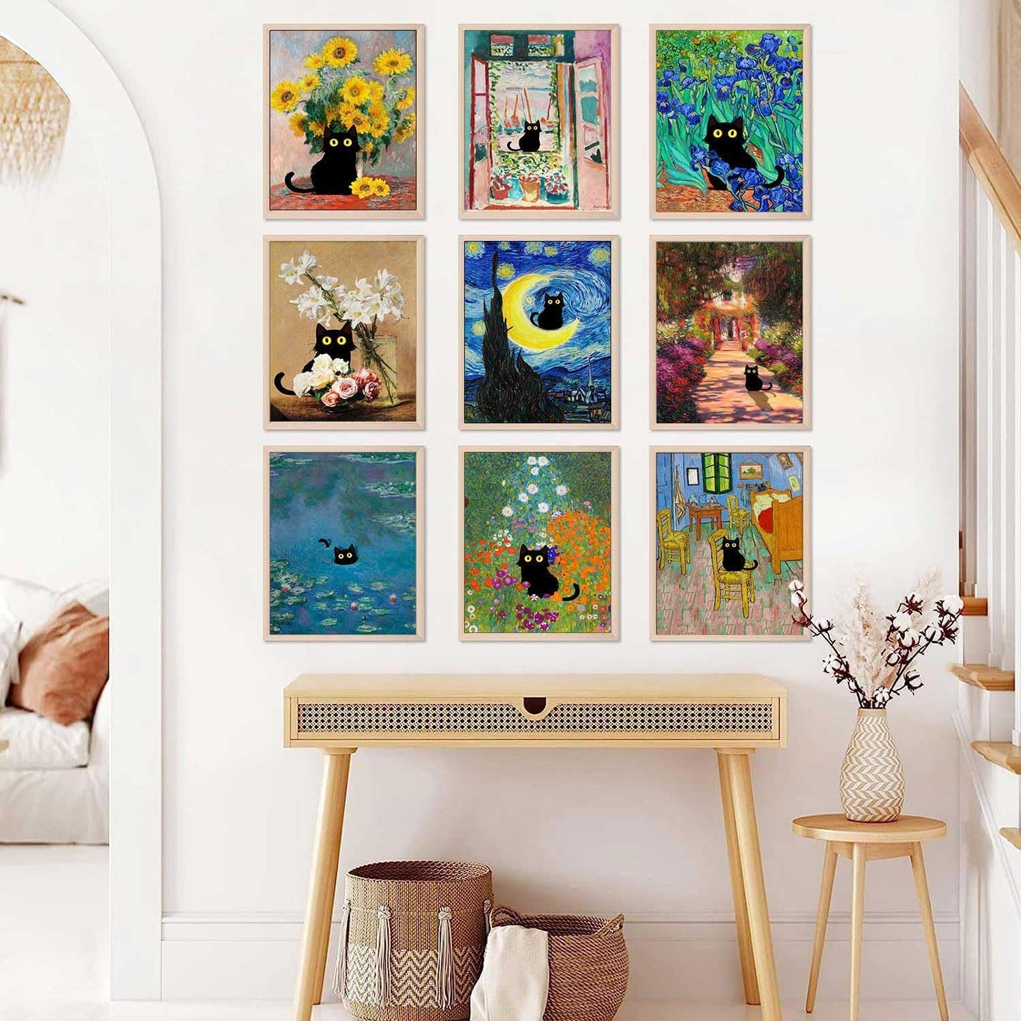9Pcs Funny Black Cat Wall Art Cats in Famous Paintings Posters Prints Vintage Gallery Wall Decor Pictures Eclectic Cute Preppy Aesthetic Room Decor,Unframed